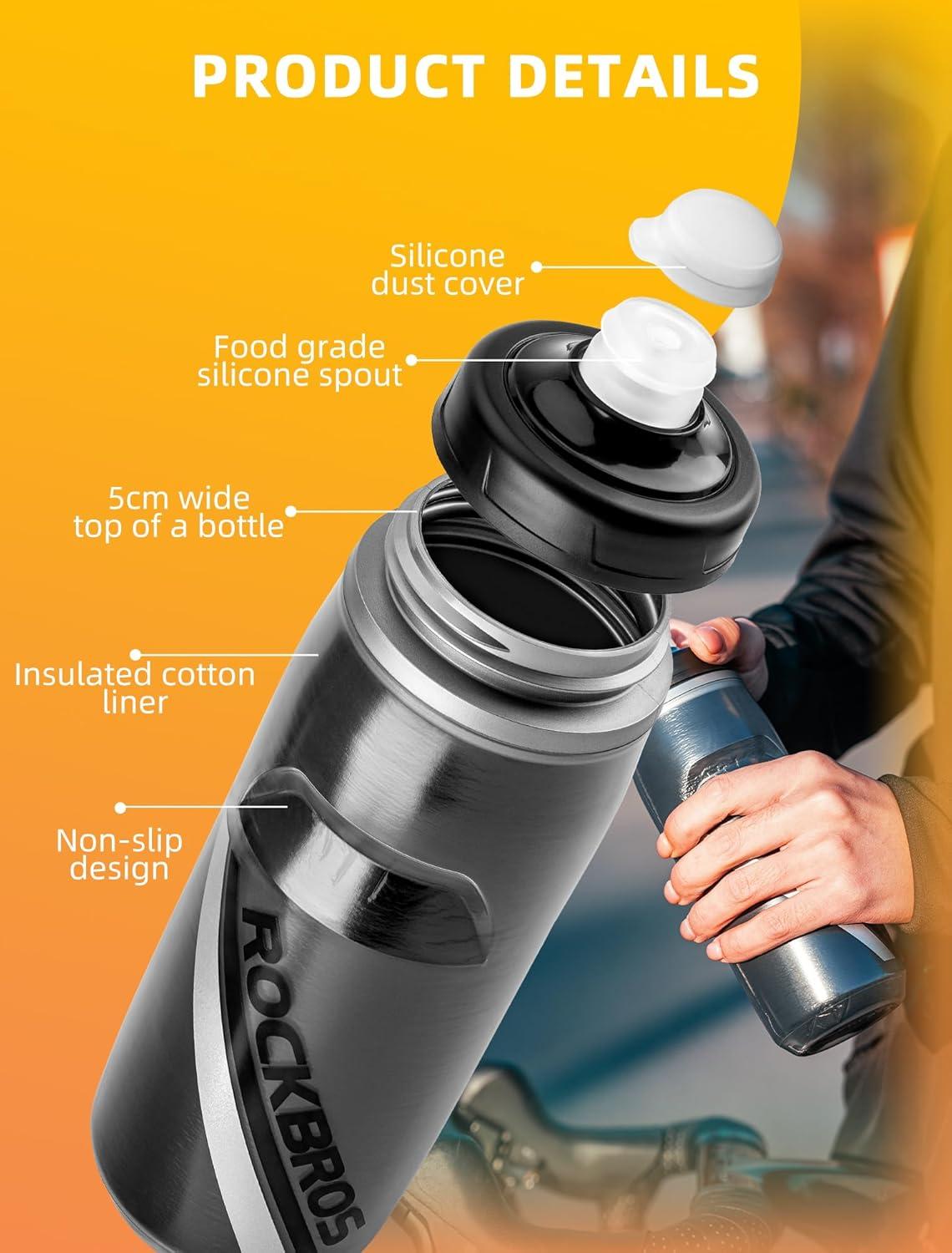 imageROCKBROS Bike Water Bottle 21oz Bicycle Water Bottle for 5hrs Insulation Sports Squeeze Water Bottle with Leakproof DesignBlack