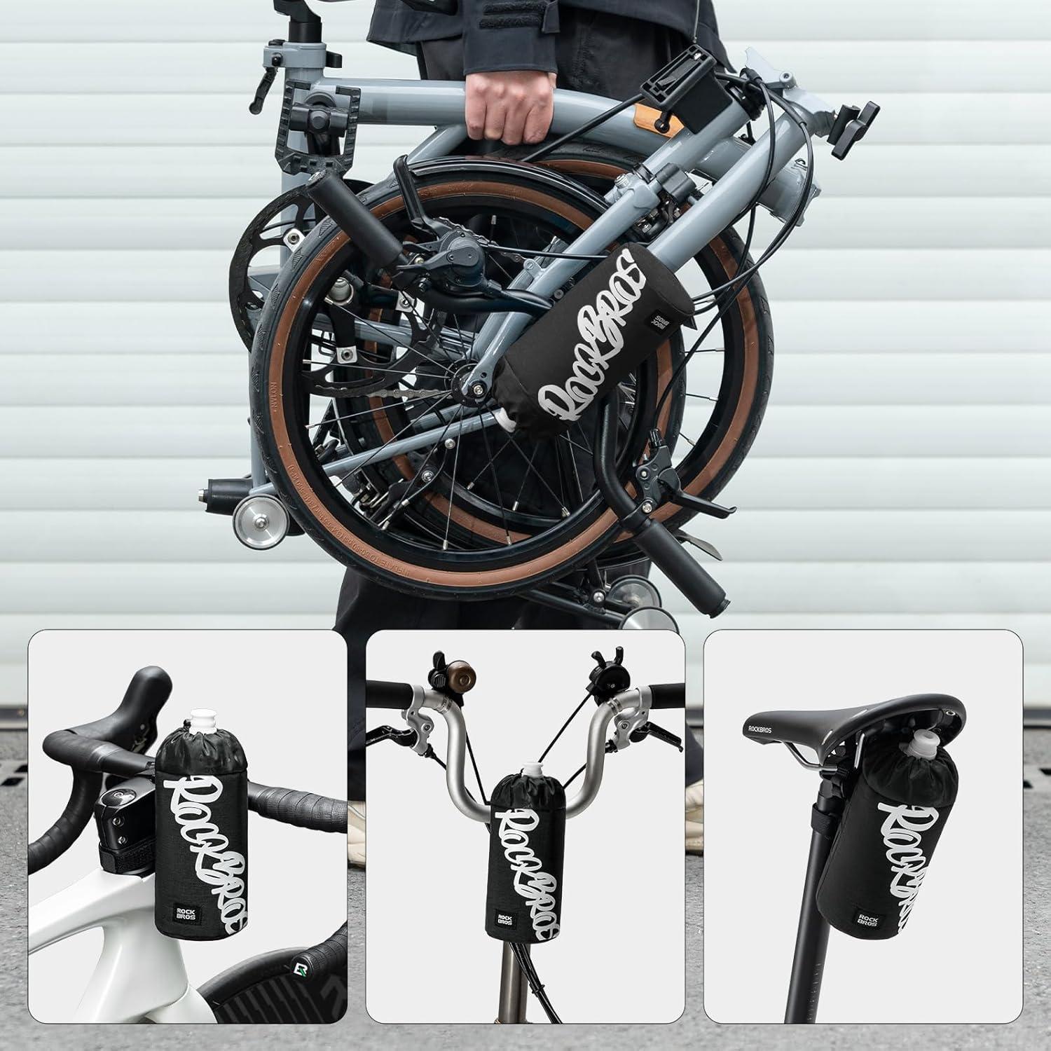 imageROCKBROS Bike Water Bottle Holder Handlebar Bike Feedbag with Quick Access Universal Compatible with Road Bike MTB EBike Cruiser Scooter Wheelchair Bottle CagesBlack