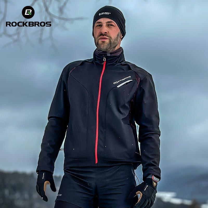 imageROCKBROS Cycling Jackets for Men Winter Bike Jackets Thermal Windproof Jacket for Men Cold Weather Cycling Running HikingBlack