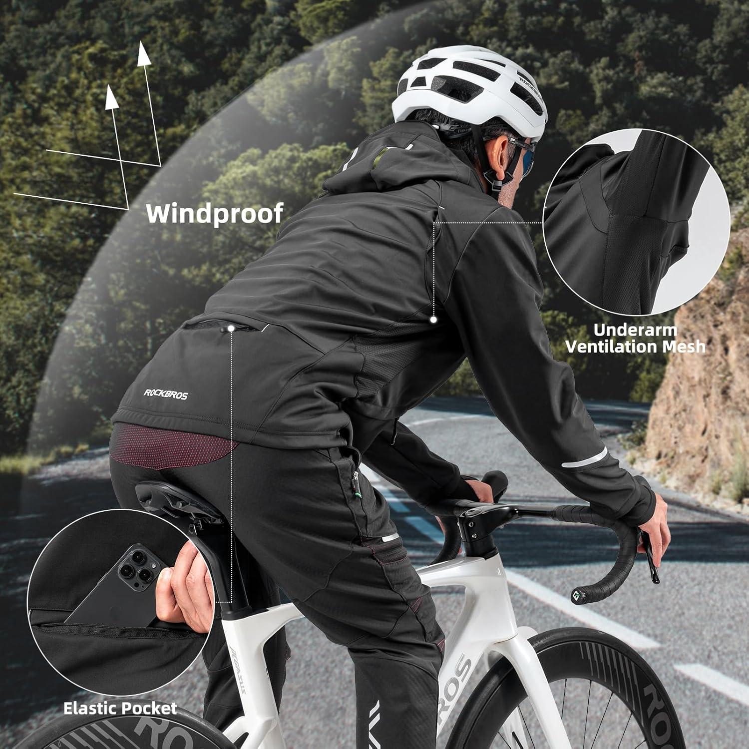 imageROCKBROS Cycling Jackets for Men Winter Bike Jackets Thermal Windproof Jacket for Men Cold Weather Cycling Running HikingDeep Black