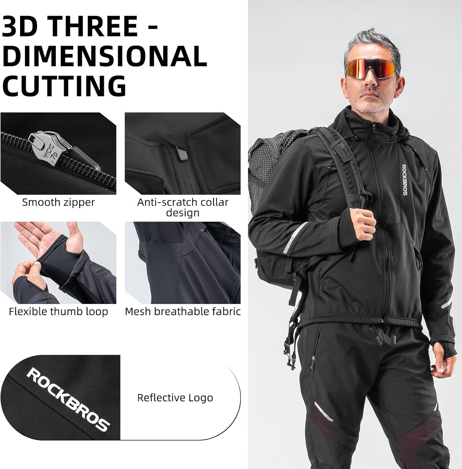 imageROCKBROS Cycling Jackets for Men Winter Bike Jackets Thermal Windproof Jacket for Men Cold Weather Cycling Running HikingDeep Black
