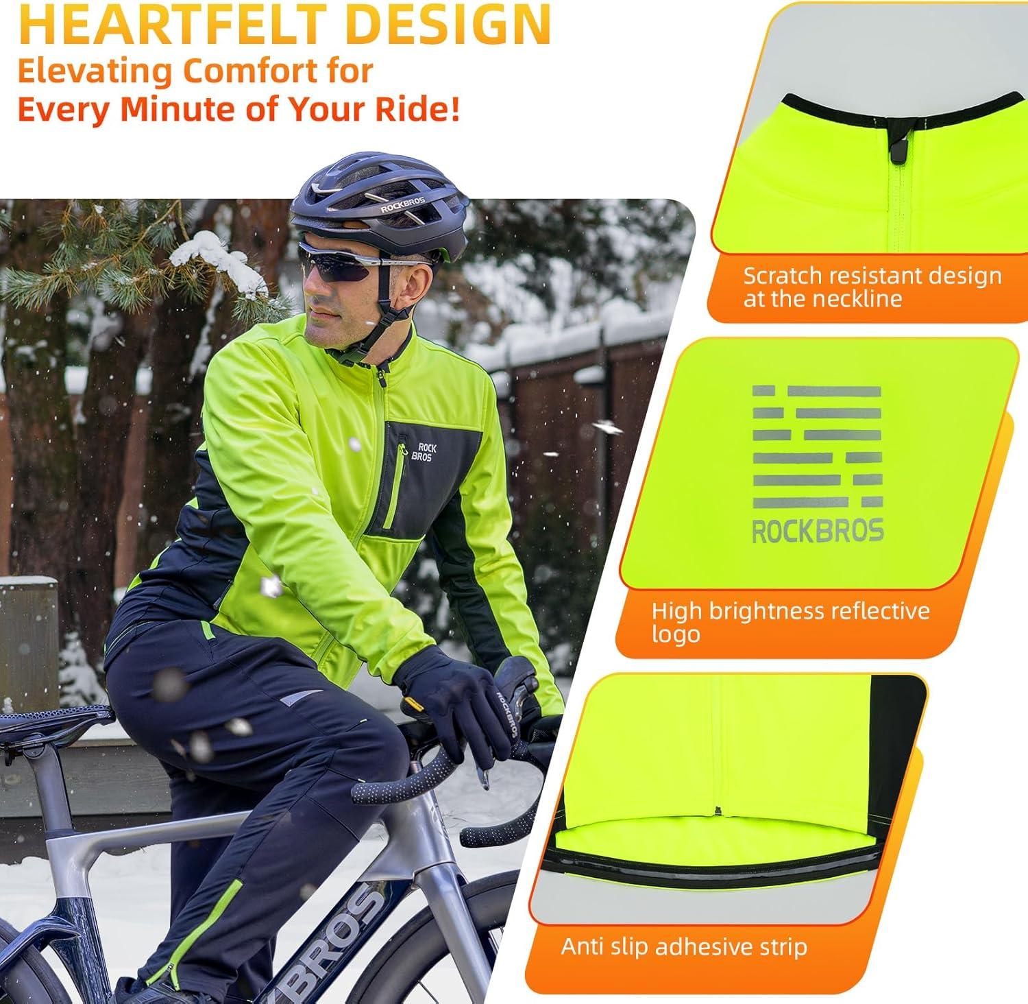 imageROCKBROS Cycling Jackets for Men Winter Thermal Bike Jackets Breathable Cycling Windbreaker with 3 PocketsGreen