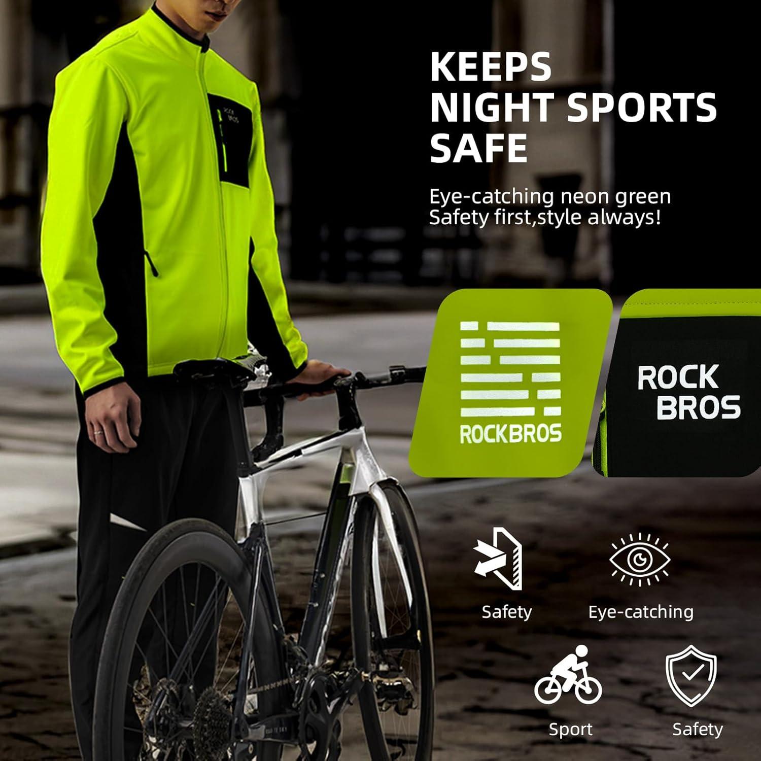 imageROCKBROS Cycling Jackets for Men Winter Thermal Bike Jackets Breathable Cycling Windbreaker with 3 PocketsGreen