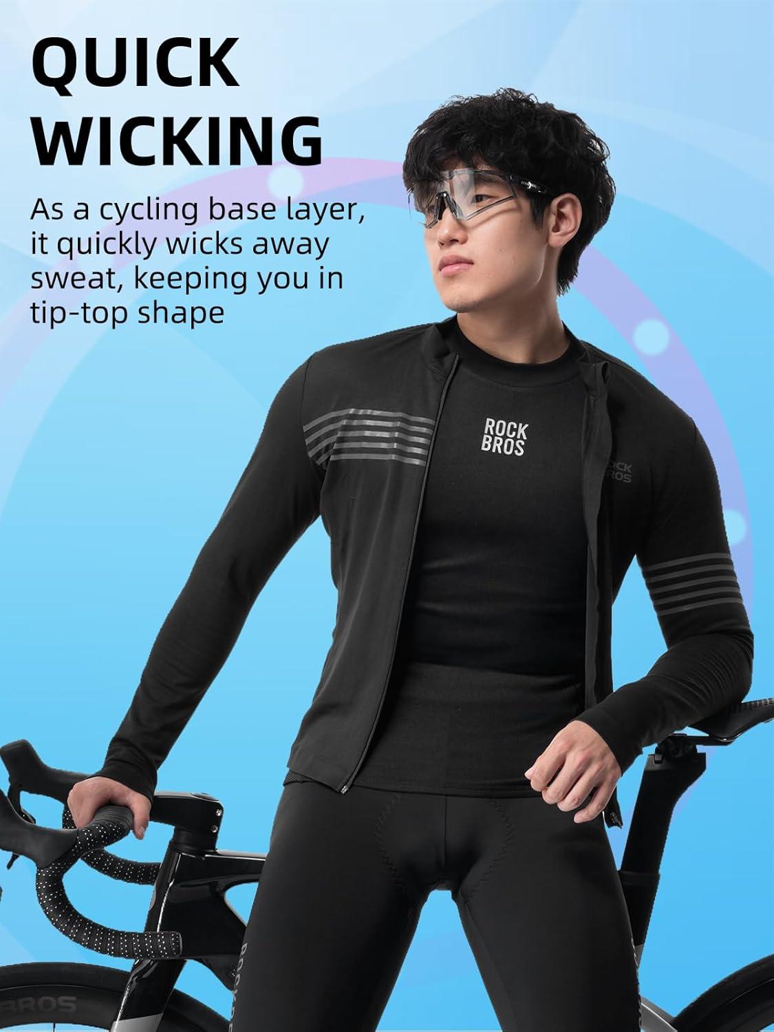 imageROCKBROS Cycling Jersey Thermal Cycling Base Layer Long Sleeve Compression Shirts Crew Neck Quick Dry Tops for Workout