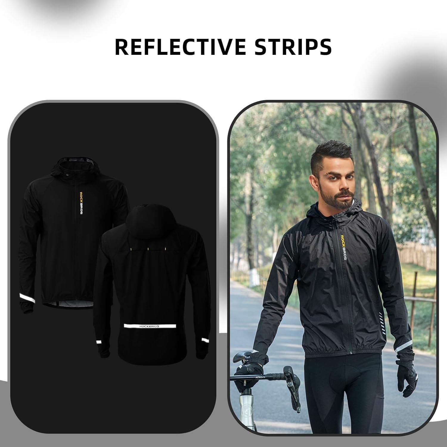imageROCKBROS Cycling Rain Jacket Mens Rain Jackets Waterproof with Hood Windbreaker Cycling Rain Gear Lightweight ReflectiveBlack