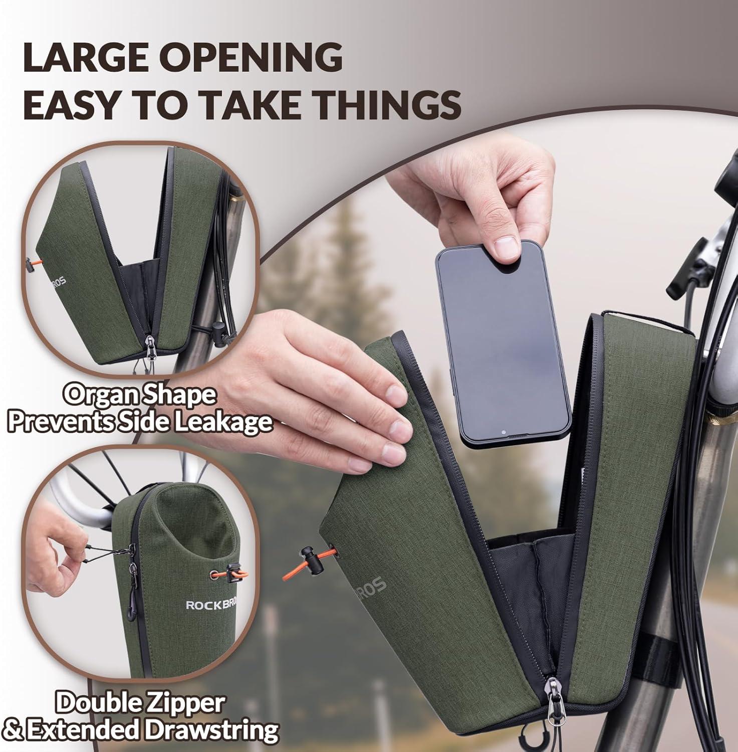 imageROCKBROS Electric Scooter Bag Bike Frame Bag Bicycle Water Bottle Bag 15L Large Capacity Quick Installation for Mountain Bikes EScooters and Folding BikesGreen