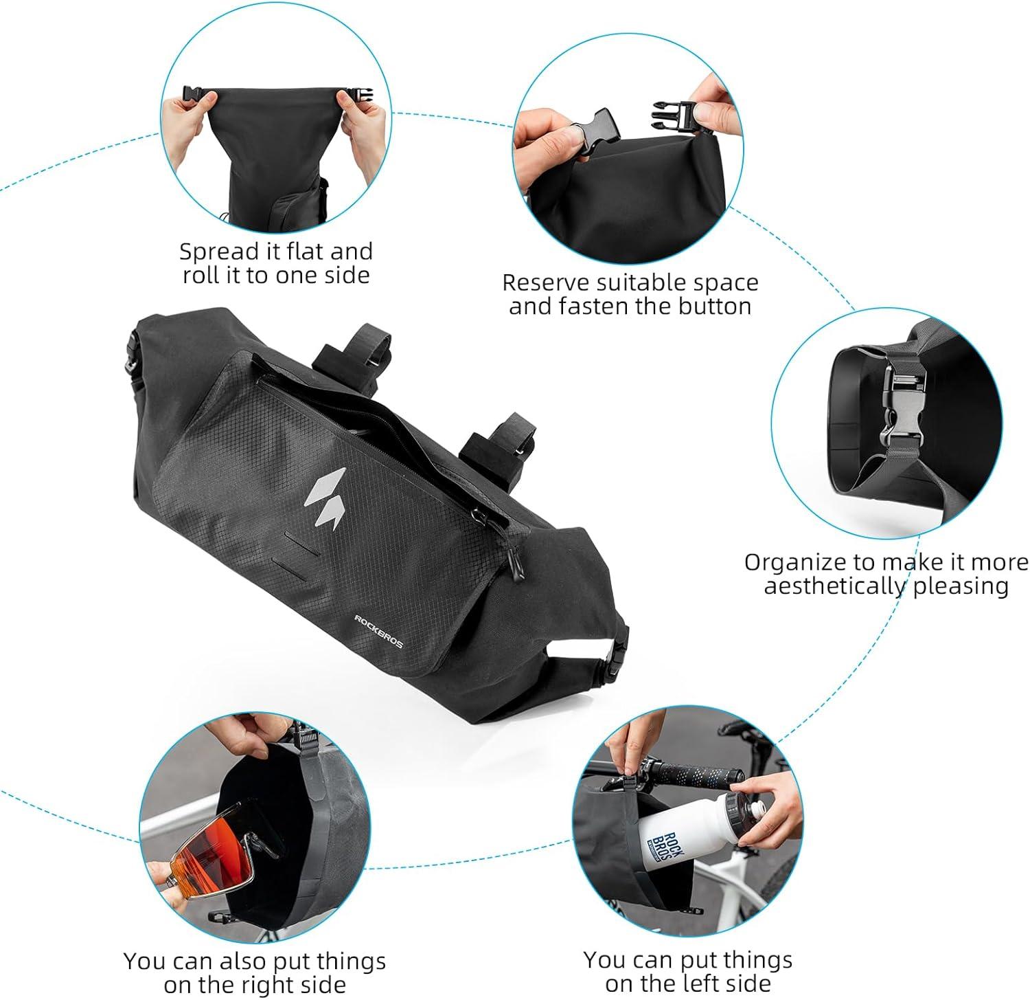 imageROCKBROS Handlebar Bag Waterproof with Adjustable Capacity Up to 8LFront Storage Pouch Bag with Waterproof Zipper AntiDisplacement DoubleSide Open Compatible for Road Mountain Bike Cycling Travel