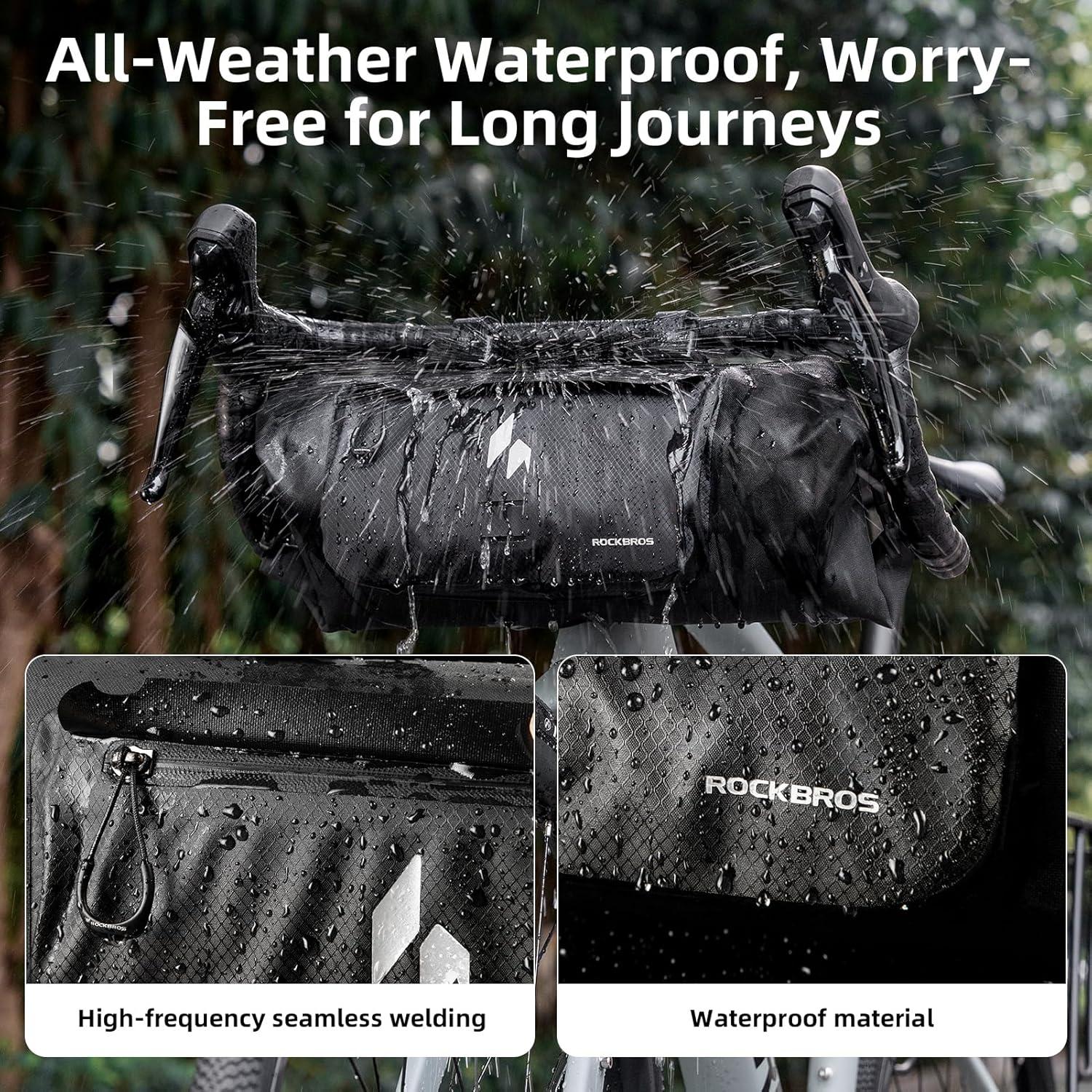 imageROCKBROS Handlebar Bag Waterproof with Adjustable Capacity Up to 8LFront Storage Pouch Bag with Waterproof Zipper AntiDisplacement DoubleSide Open Compatible for Road Mountain Bike Cycling Travel