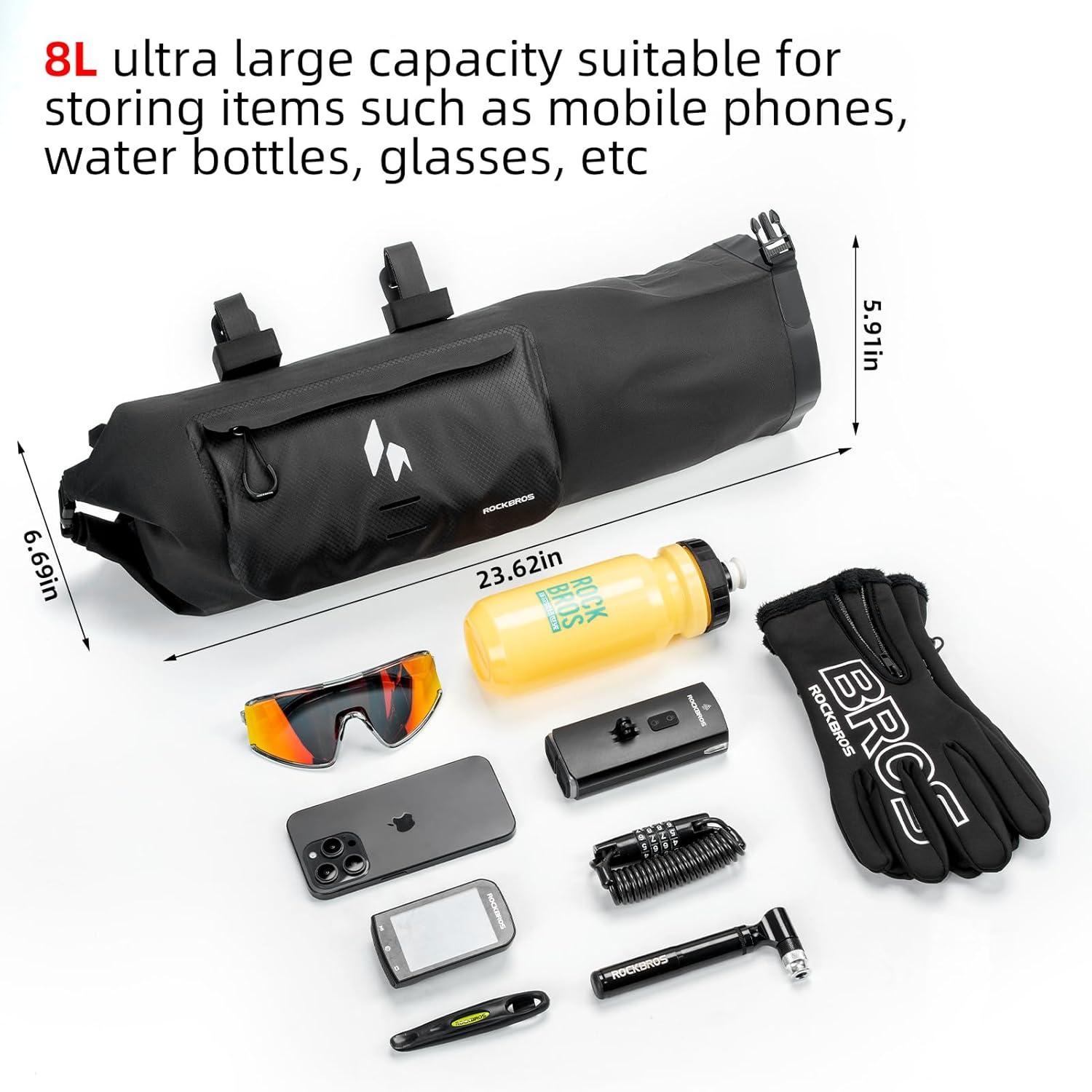 imageROCKBROS Handlebar Bag Waterproof with Adjustable Capacity Up to 8LFront Storage Pouch Bag with Waterproof Zipper AntiDisplacement DoubleSide Open Compatible for Road Mountain Bike Cycling Travel