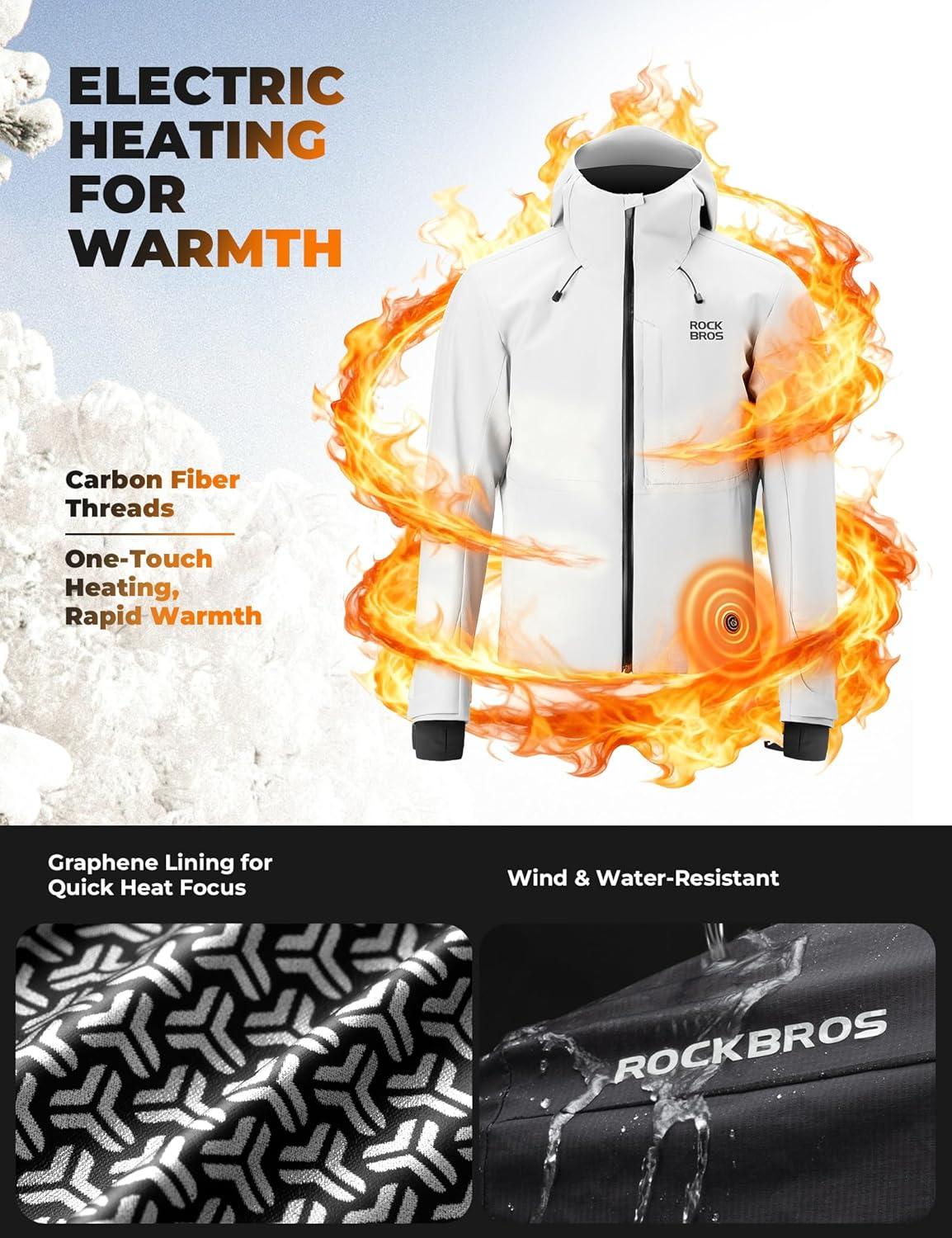 imageROCKBROS Heated Jacket for Men with Hood 4 Carbon Fiber Heating Zones amp 3 Temperature Settings Waterproof WindproofBlack