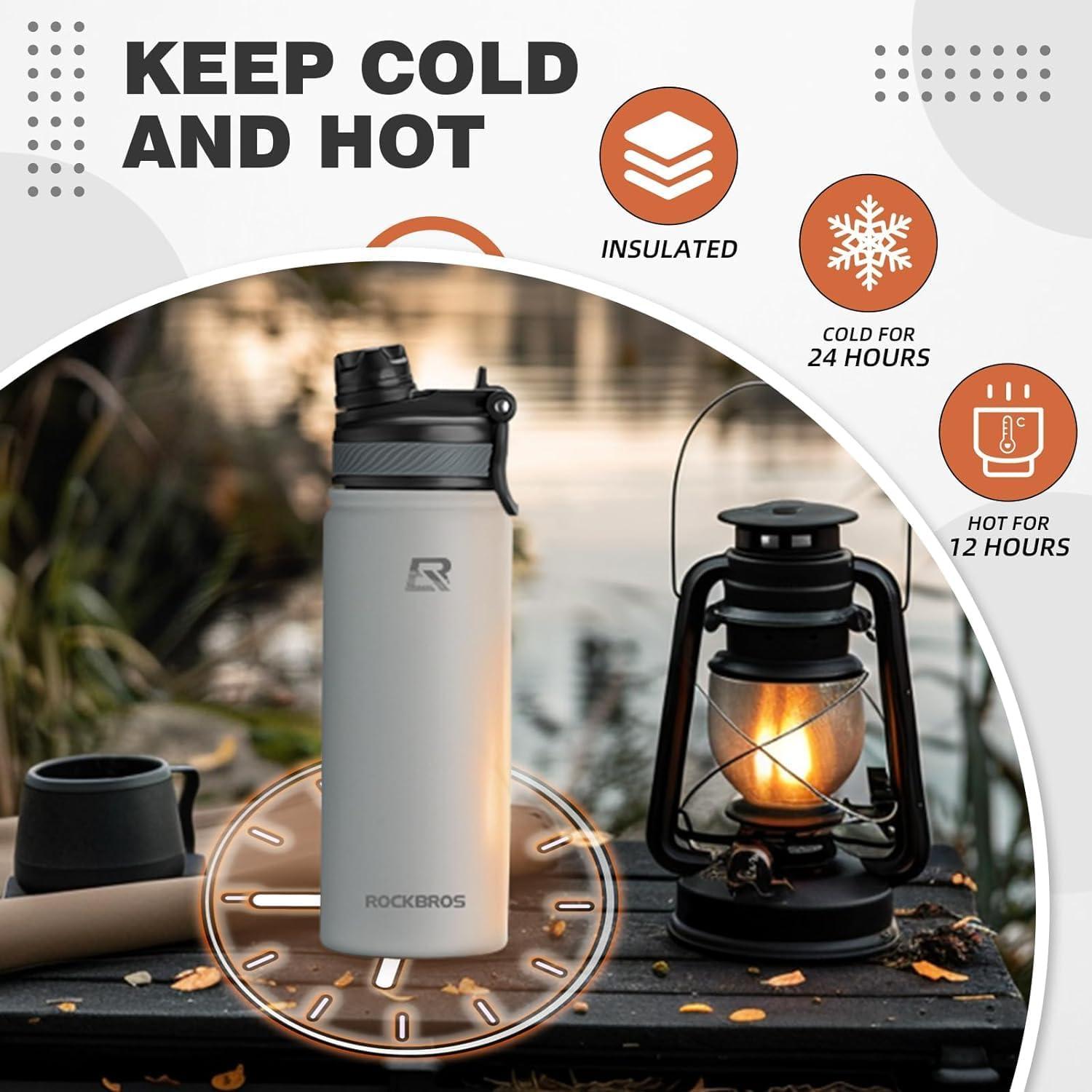 imageROCKBROS Insulated Water Bottle with Straw Stainless Steel Sports Water Cup Flask Leak Proof with Handle Keep Warm and Cold for Hiking Cycling Bike Travel School Sports GymWhite