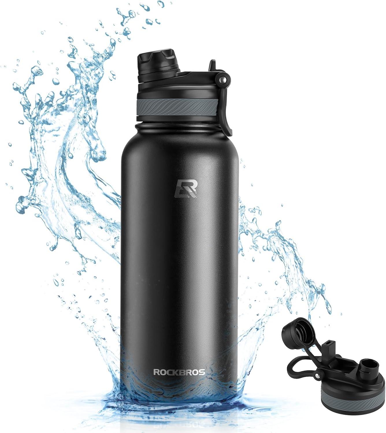 imageROCKBROS Insulated Water Bottle with Straw Stainless Steel Sports Water Cup Flask Leak Proof with Handle Keep Warm and Cold for Hiking Cycling Bike Travel School Sports GymBlack