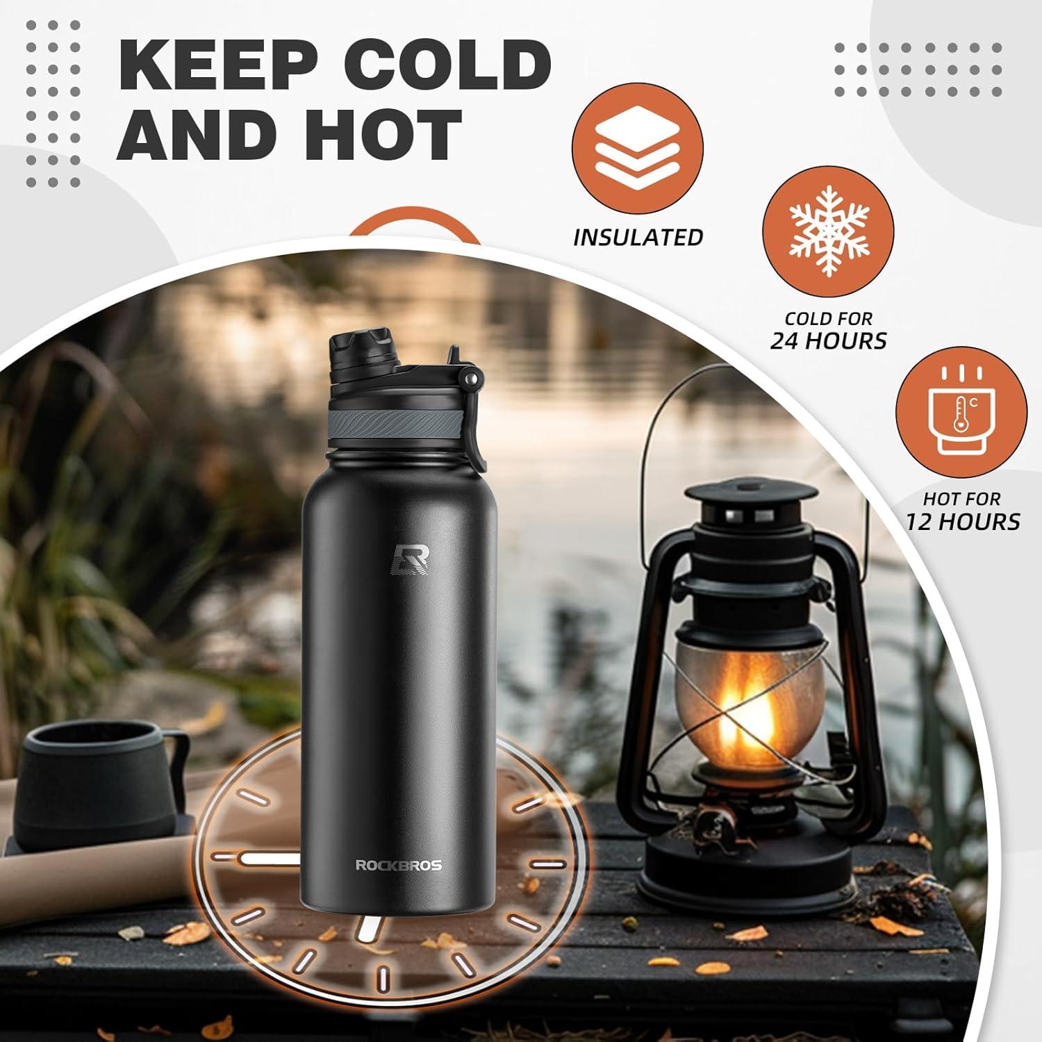 imageROCKBROS Insulated Water Bottle with Straw Stainless Steel Sports Water Cup Flask Leak Proof with Handle Keep Warm and Cold for Hiking Cycling Bike Travel School Sports Gym 18 OZ Black