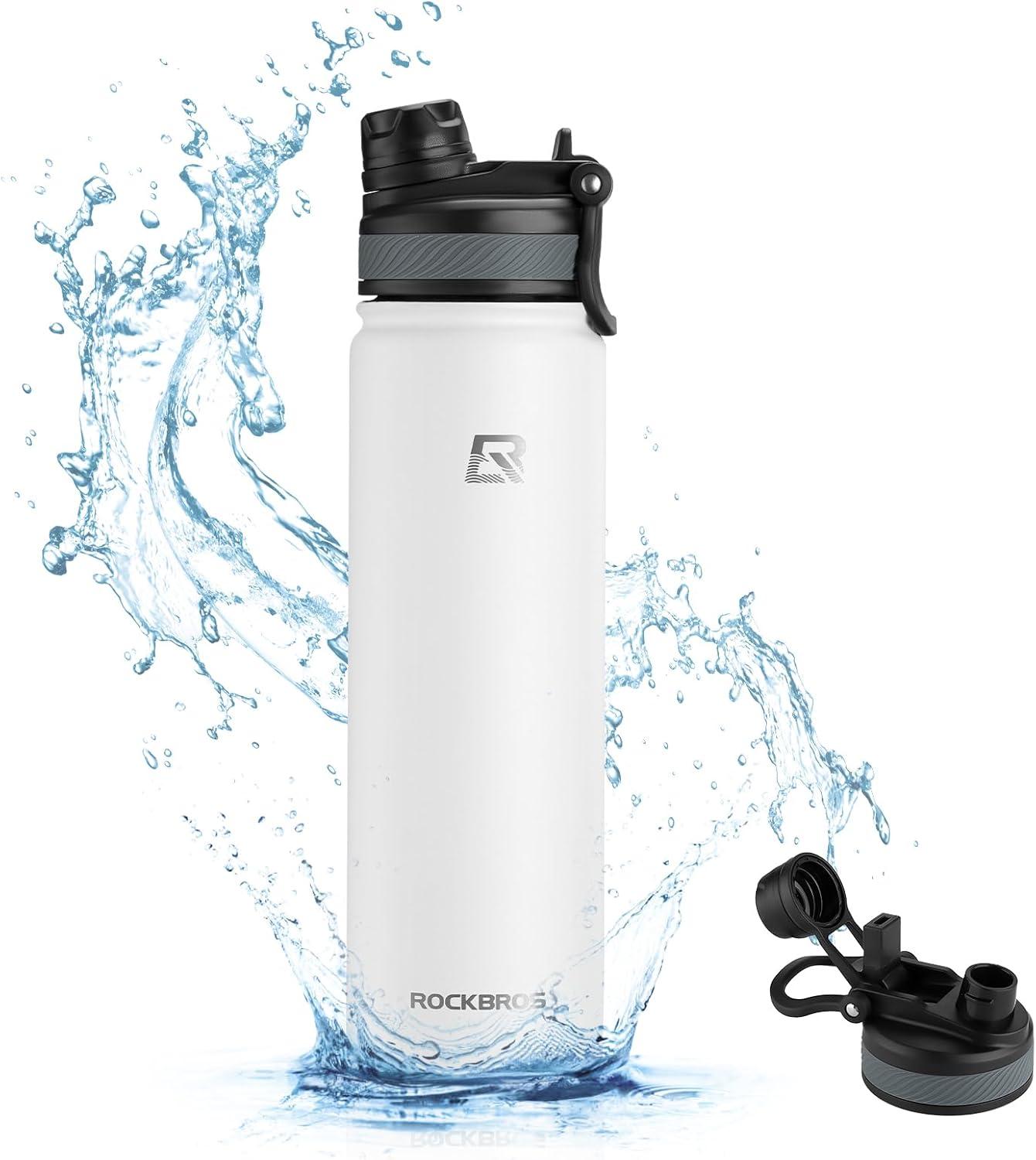 imageROCKBROS Insulated Water Bottle with Straw Stainless Steel Sports Water Cup Flask Leak Proof with Handle Keep Warm and Cold for Hiking Cycling Bike Travel School Sports GymWhite