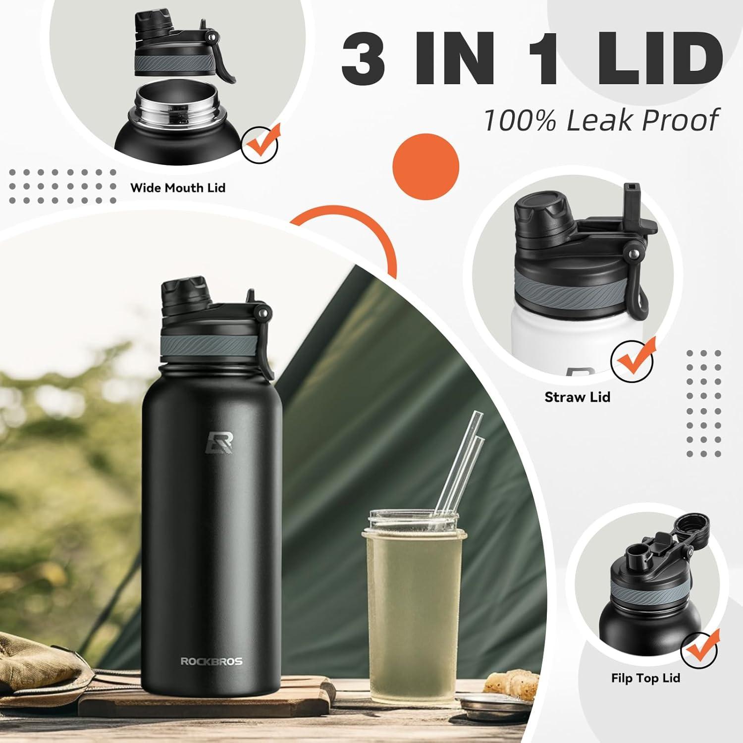 imageROCKBROS Insulated Water Bottle with Straw Stainless Steel Sports Water Cup Flask Leak Proof with Handle Keep Warm and Cold for Hiking Cycling Bike Travel School Sports Gym 18 OZ Black
