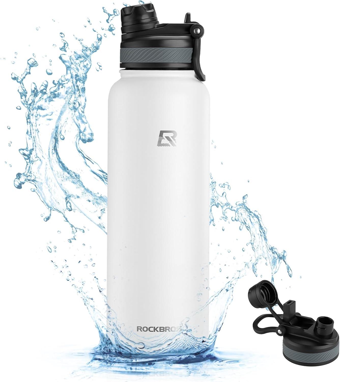 imageROCKBROS Insulated Water Bottle with Straw Stainless Steel Sports Water Cup Flask Leak Proof with Handle Keep Warm and Cold for Hiking Cycling Bike Travel School Sports GymWhite