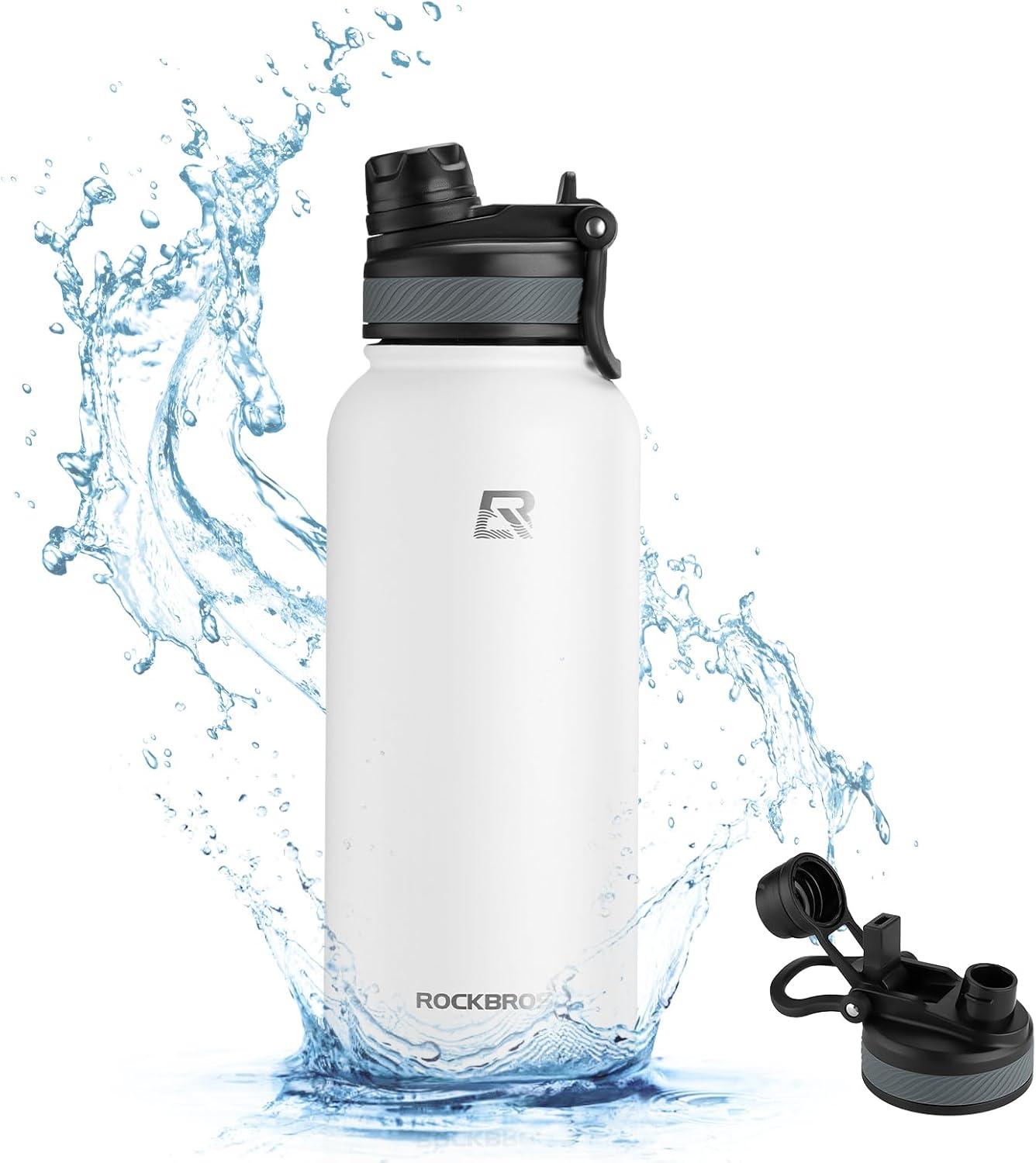 imageROCKBROS Insulated Water Bottle with Straw Stainless Steel Sports Water Cup Flask Leak Proof with Handle Keep Warm and Cold for Hiking Cycling Bike Travel School Sports GymWhite