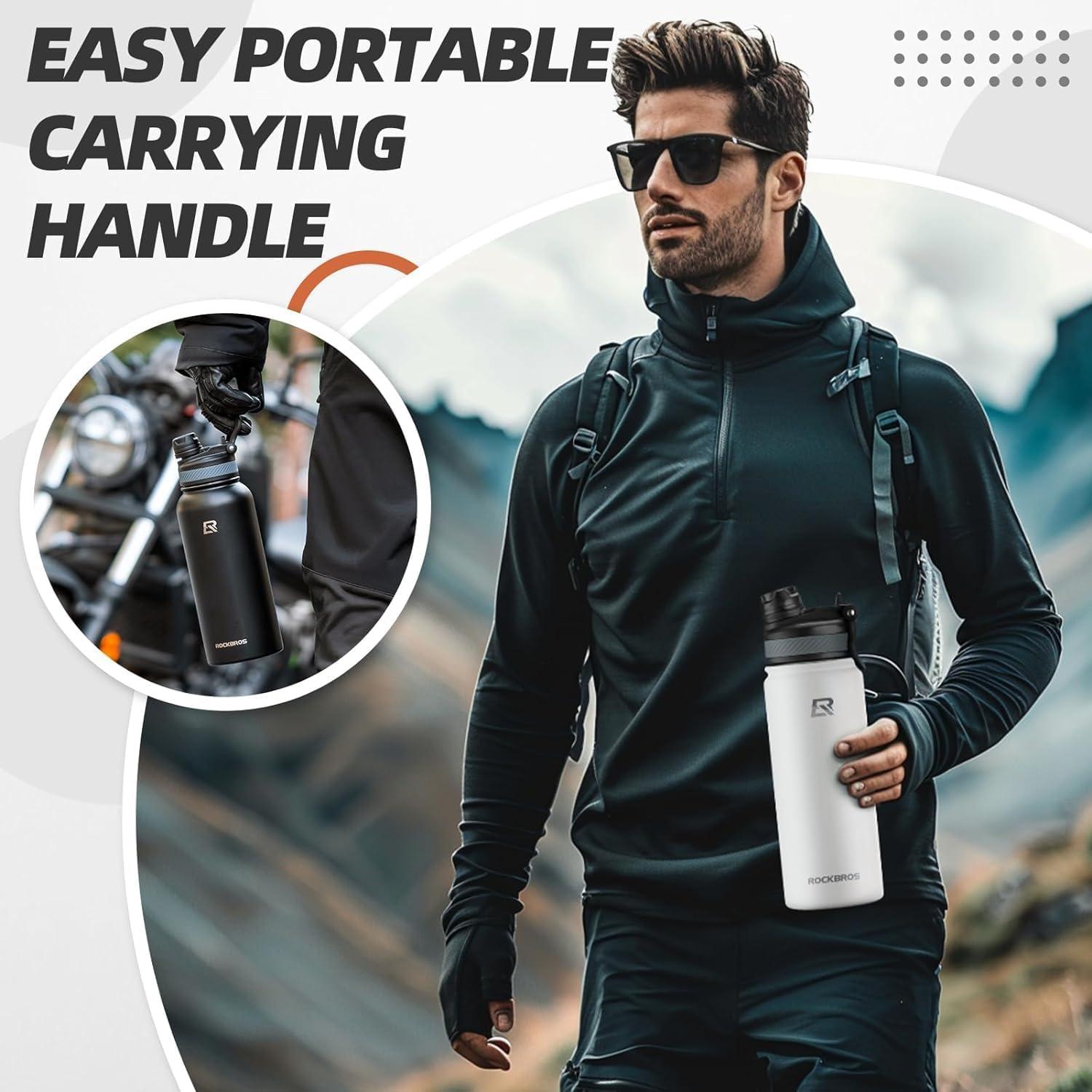 imageROCKBROS Insulated Water Bottle with Straw Stainless Steel Sports Water Cup Flask Leak Proof with Handle Keep Warm and Cold for Hiking Cycling Bike Travel School Sports GymWhite