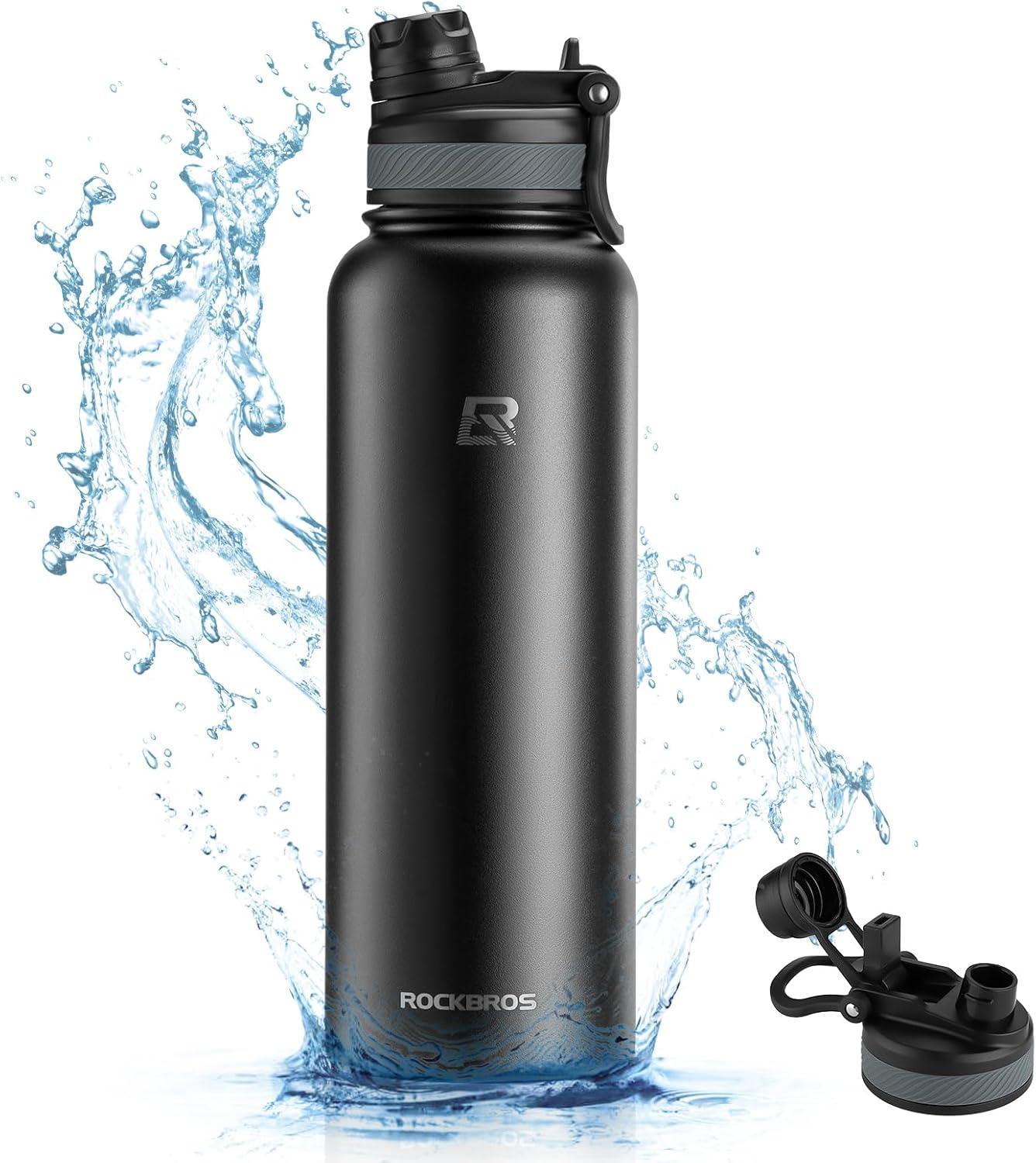 imageROCKBROS Insulated Water Bottle with Straw Stainless Steel Sports Water Cup Flask Leak Proof with Handle Keep Warm and Cold for Hiking Cycling Bike Travel School Sports GymBlack