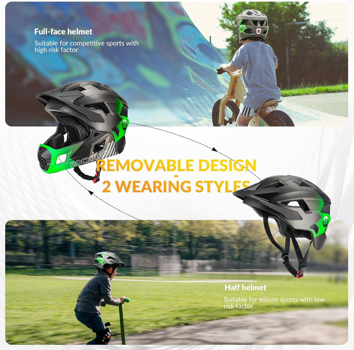 imageROCKBROS Kids Full Face Helmet Kids Bike Helmets Lightweight Toddler Mountain Bike Helmet Detachable for MTB BMX Skating Cycling Scooter Safety Bicycle Helmets for Youth Child Boys Girls Ages 316Green Silver Black