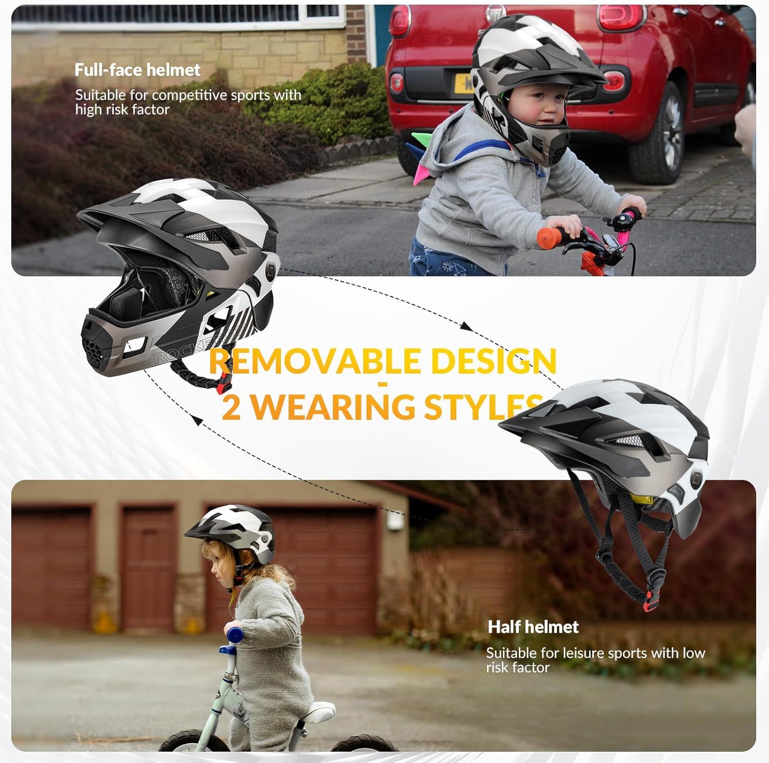 imageROCKBROS Kids Full Face Helmet Kids Bike Helmets Lightweight Toddler Mountain Bike Helmet Detachable for MTB BMX Skating Cycling Scooter Safety Bicycle Helmets for Youth Child Boys Girls Ages 316Silver Black White