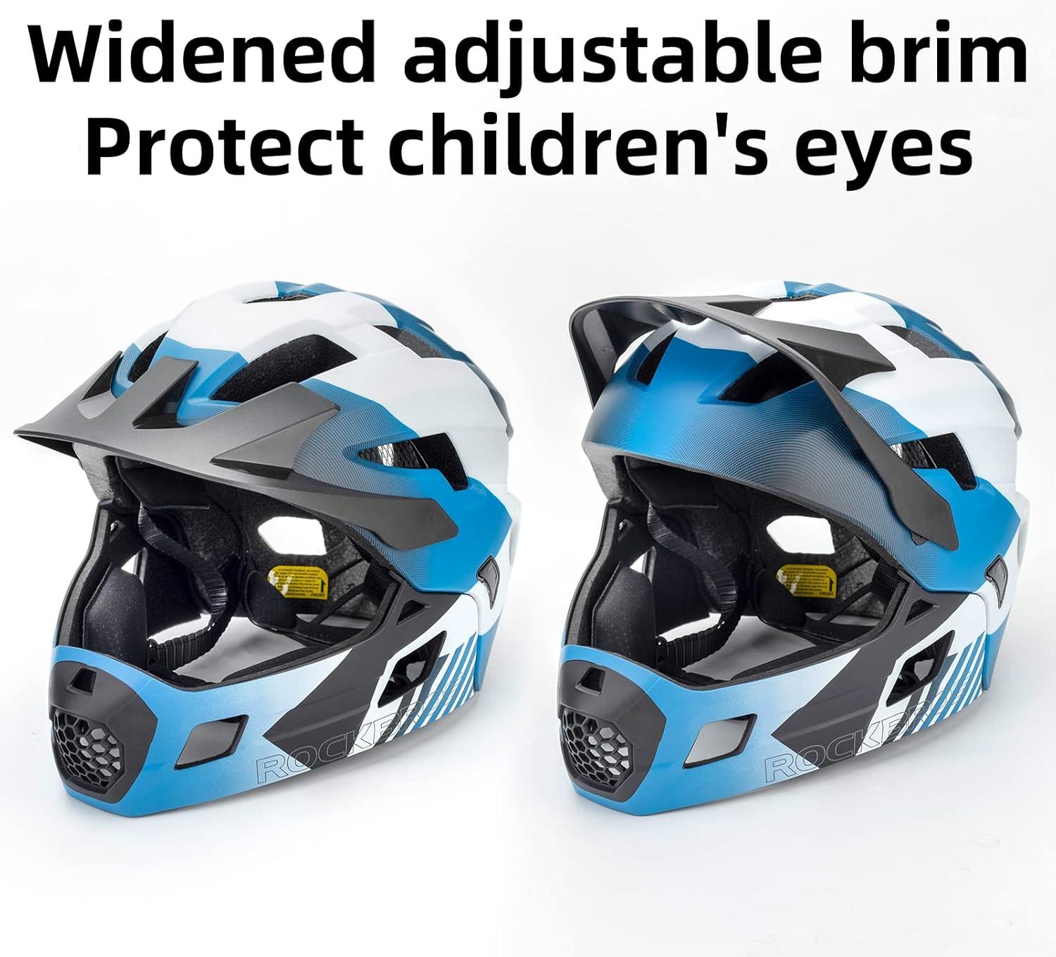 imageROCKBROS Kids Full Face Helmet Kids Bike Helmets Lightweight Toddler Mountain Bike Helmet Detachable for MTB BMX Skating Cycling Scooter Safety Bicycle Helmets for Youth Child Boys Girls Ages 316Blue White Black