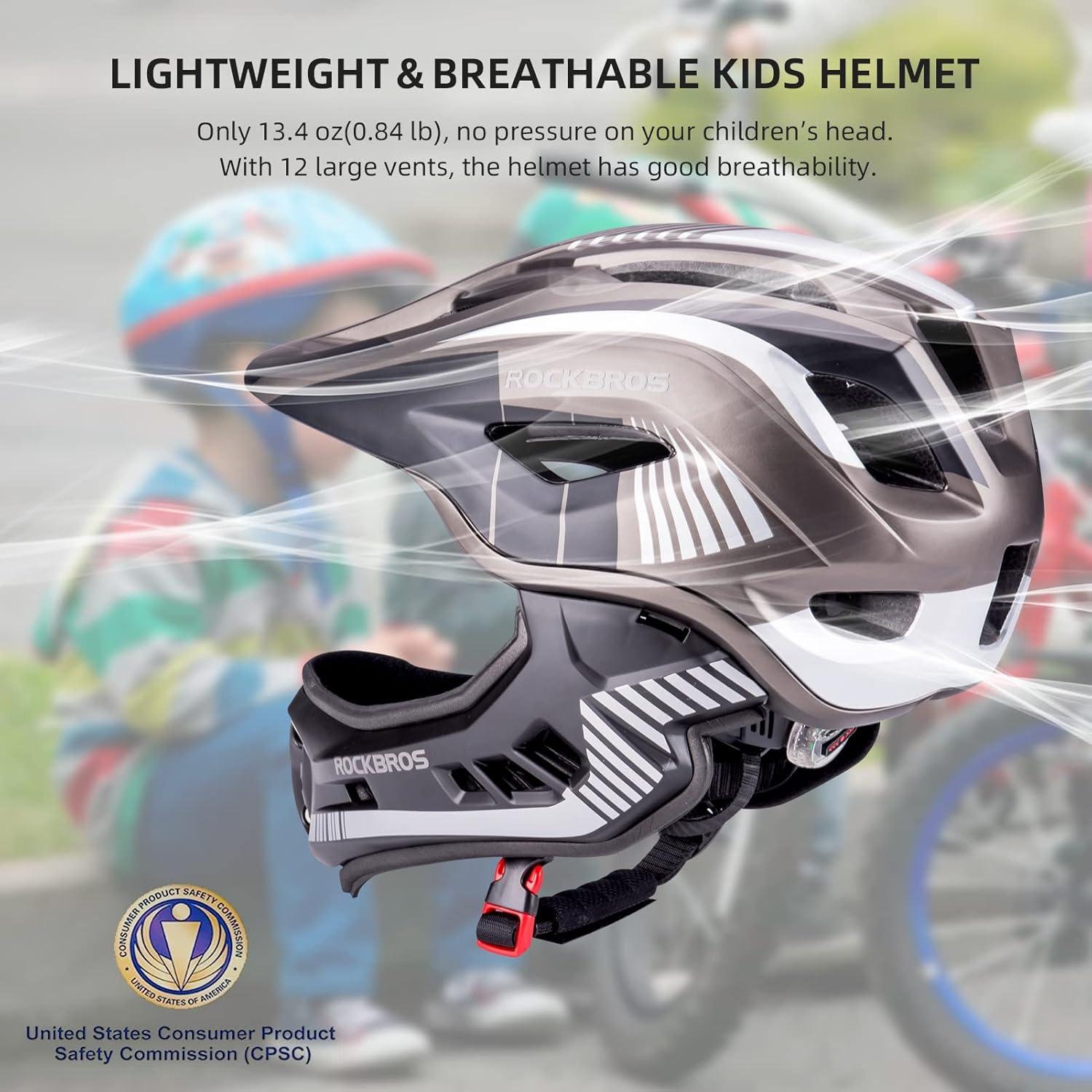 imageROCKBROS Kids Full Face Helmet Kids Bike Helmets Lightweight Toddler Mountain Bike Helmet Detachable for MTB BMX Skating Cycling Scooter Safety Bicycle Helmets for Youth Child Boys Girls Ages 316Black Titanium
