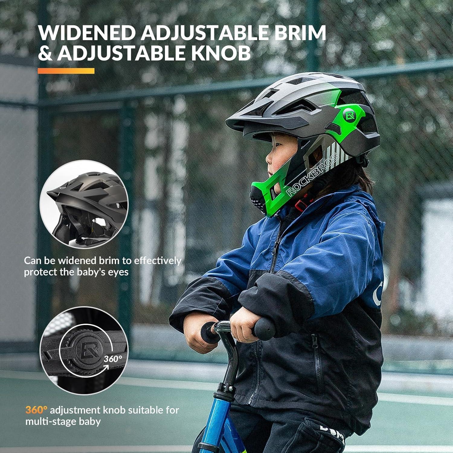 imageROCKBROS Kids Full Face Helmet Kids Bike Helmets Lightweight Toddler Mountain Bike Helmet Detachable for MTB BMX Skating Cycling Scooter Safety Bicycle Helmets for Youth Child Boys Girls Ages 316Green Silver Black