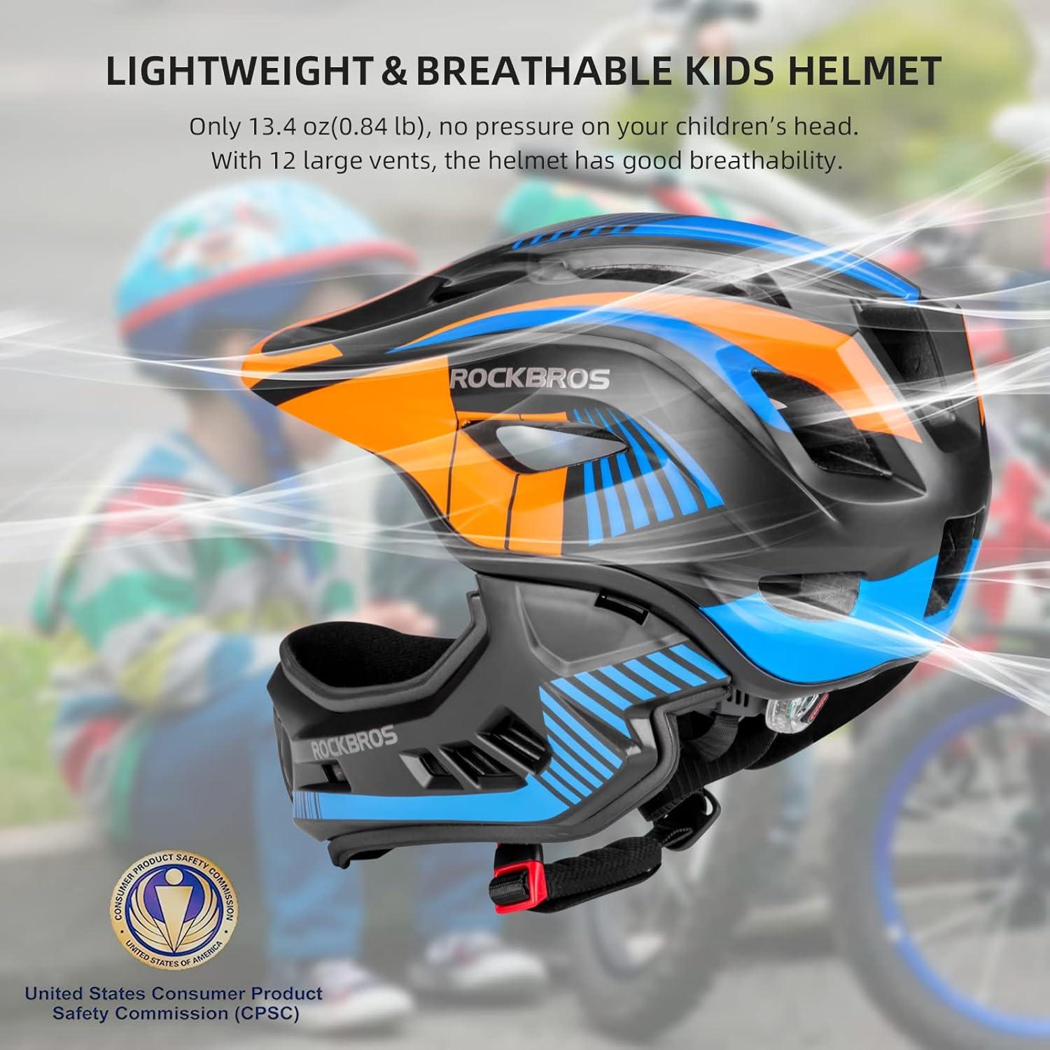 imageROCKBROS Kids Full Face Helmet Kids Bike Helmets Lightweight Toddler Mountain Bike Helmet Detachable for MTB BMX Skating Cycling Scooter Safety Bicycle Helmets for Youth Child Boys Girls Ages 316Black Orange