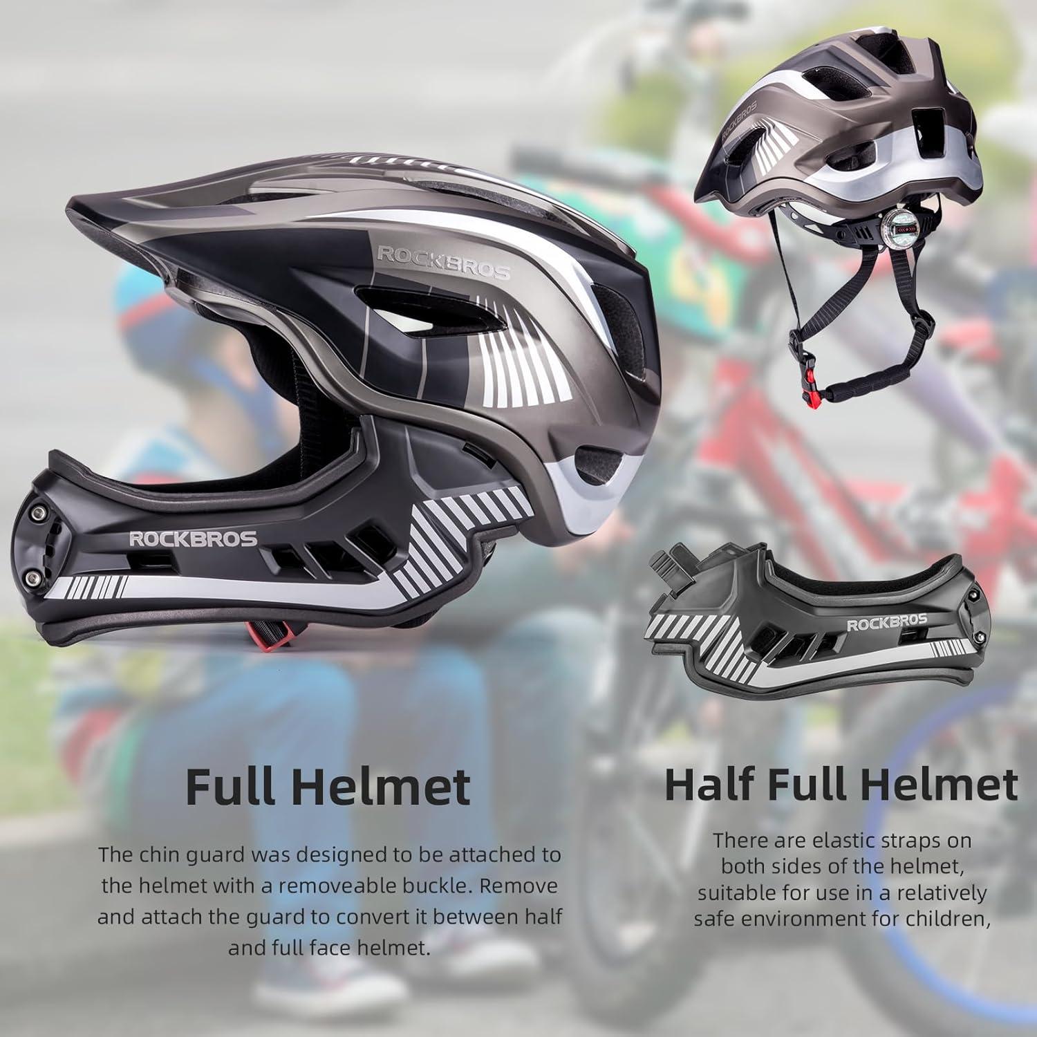 imageROCKBROS Kids Full Face Helmet Kids Bike Helmets Lightweight Toddler Mountain Bike Helmet Detachable for MTB BMX Skating Cycling Scooter Safety Bicycle Helmets for Youth Child Boys Girls Ages 316Black Titanium