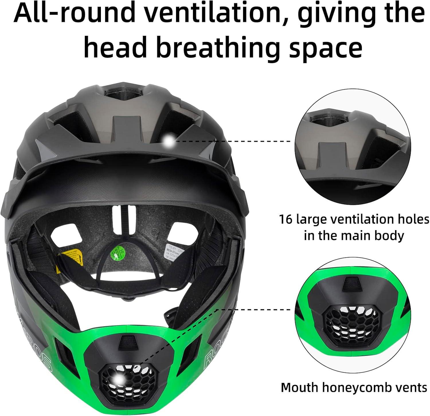 imageROCKBROS Kids Full Face Helmet Kids Bike Helmets Lightweight Toddler Mountain Bike Helmet Detachable for MTB BMX Skating Cycling Scooter Safety Bicycle Helmets for Youth Child Boys Girls Ages 316Green Silver Black