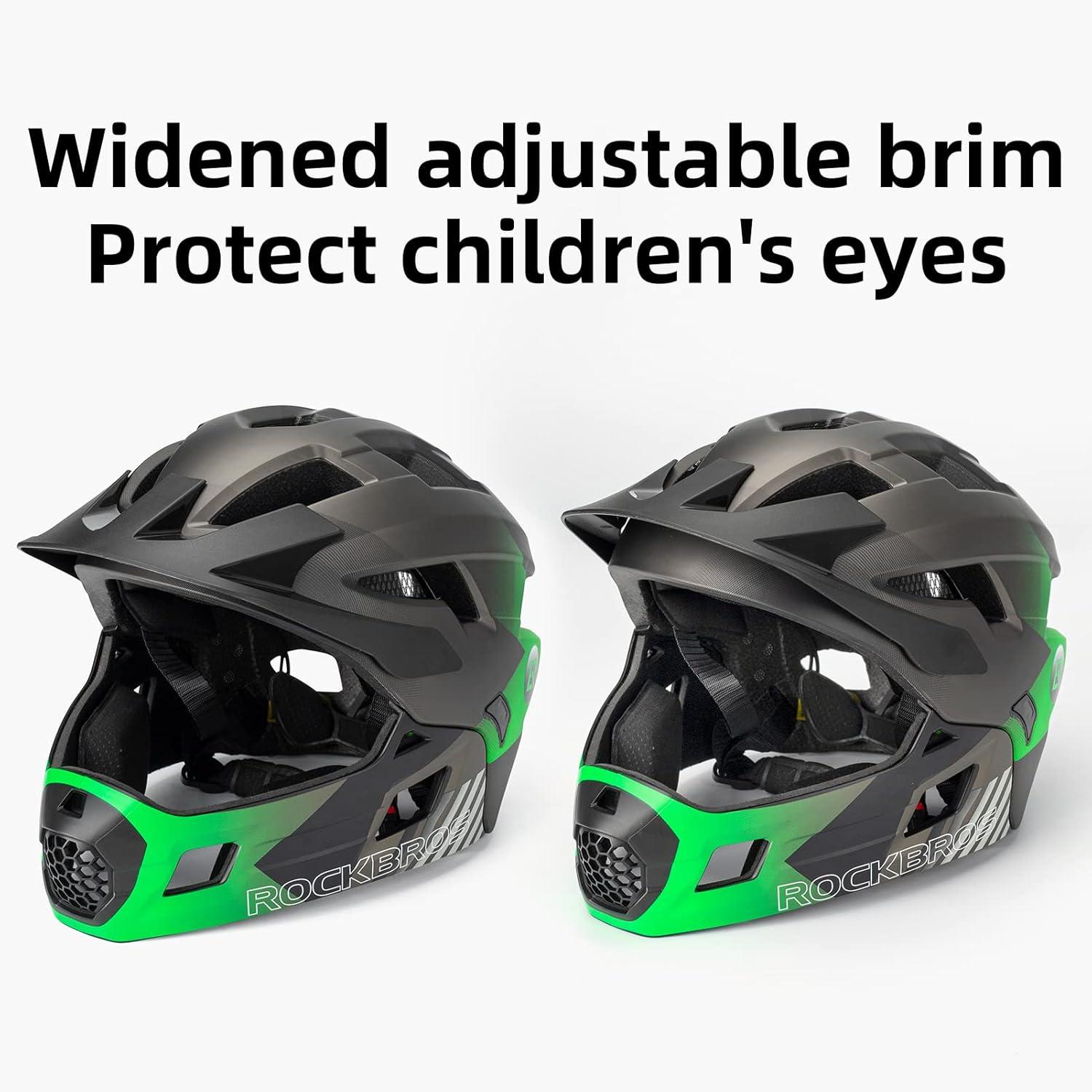 imageROCKBROS Kids Full Face Helmet Kids Bike Helmets Lightweight Toddler Mountain Bike Helmet Detachable for MTB BMX Skating Cycling Scooter Safety Bicycle Helmets for Youth Child Boys Girls Ages 316Green Silver Black