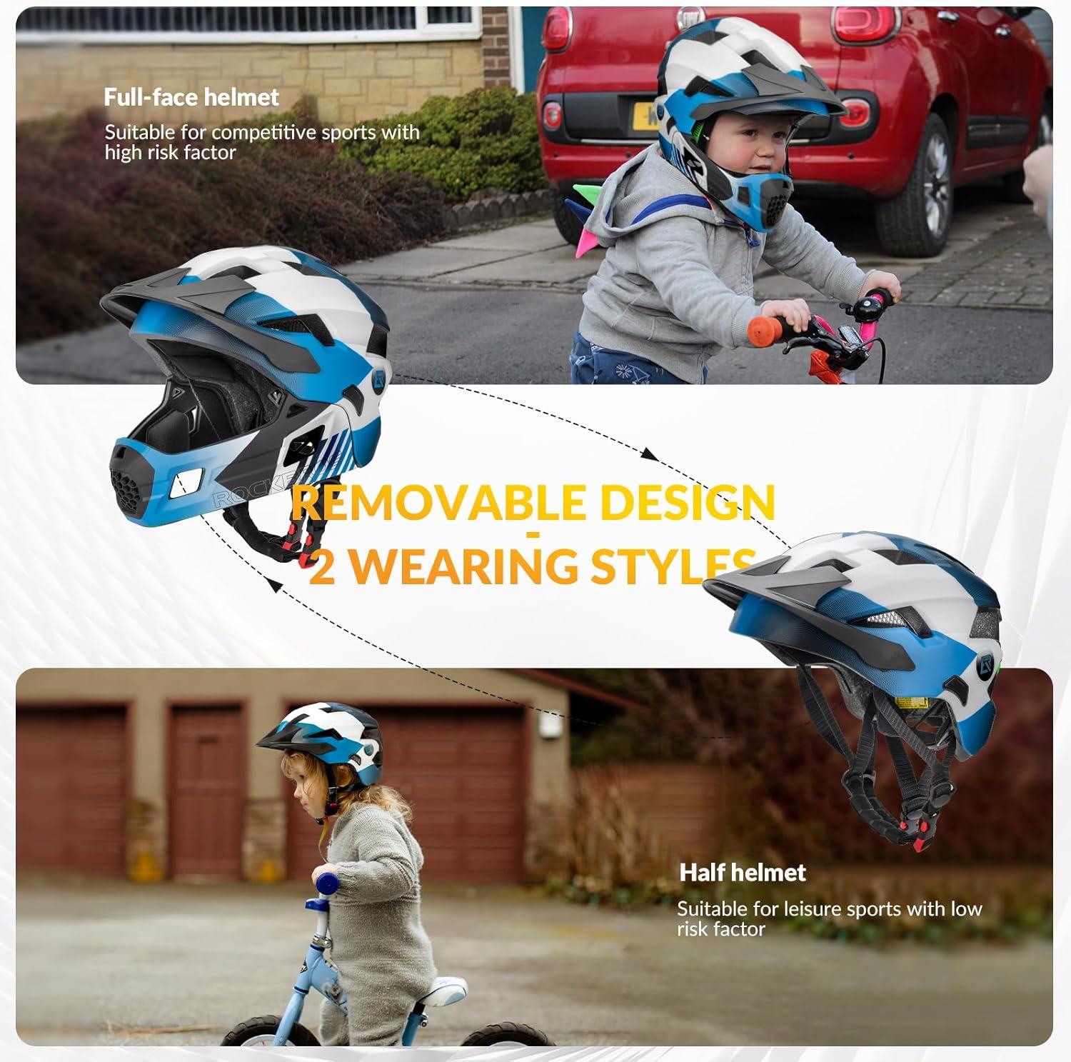 imageROCKBROS Kids Full Face Helmet Kids Bike Helmets Lightweight Toddler Mountain Bike Helmet Detachable for MTB BMX Skating Cycling Scooter Safety Bicycle Helmets for Youth Child Boys Girls Ages 316Blue White Black