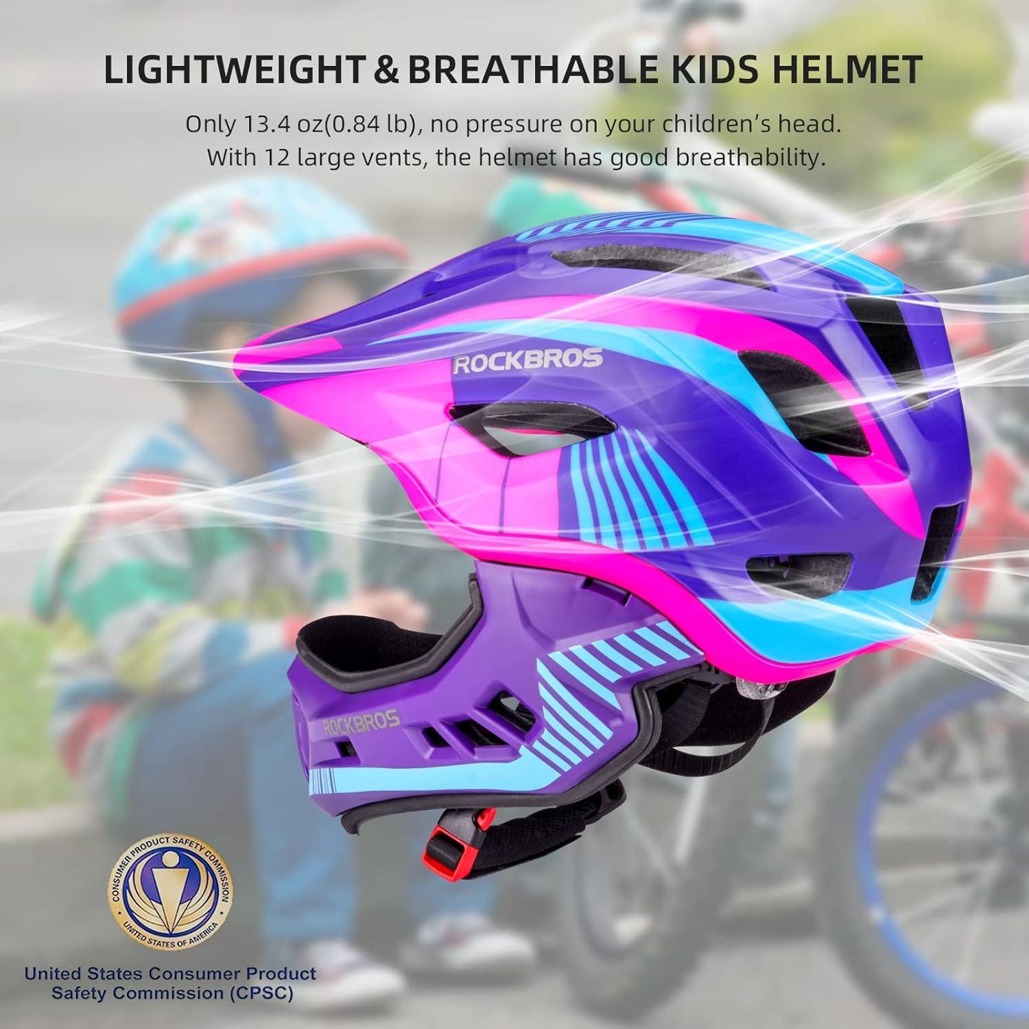 imageROCKBROS Kids Full Face Helmet Kids Bike Helmets Lightweight Toddler Mountain Bike Helmet Detachable for MTB BMX Skating Cycling Scooter Safety Bicycle Helmets for Youth Child Boys Girls Ages 316Purple
