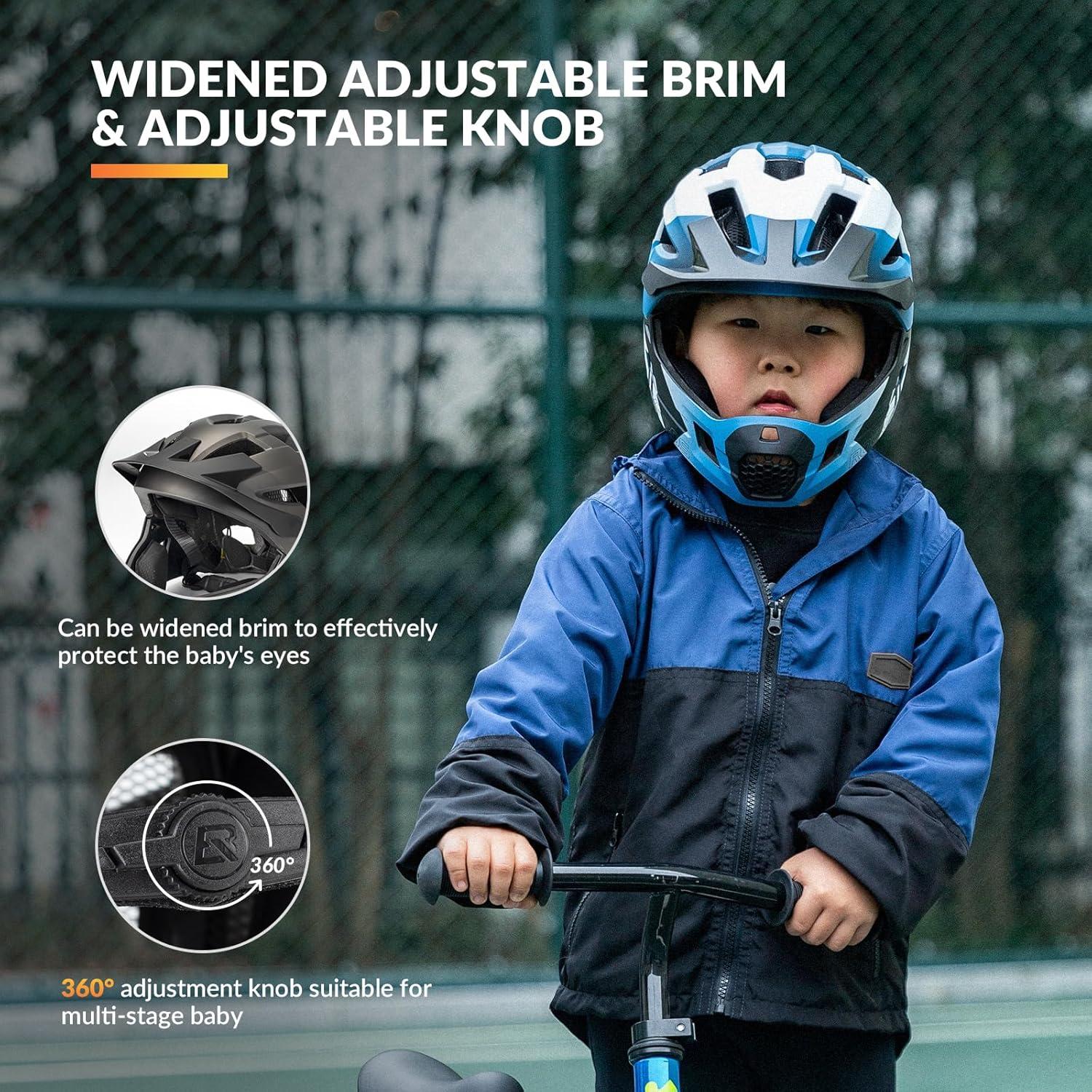 imageROCKBROS Kids Full Face Helmet Kids Bike Helmets Lightweight Toddler Mountain Bike Helmet Detachable for MTB BMX Skating Cycling Scooter Safety Bicycle Helmets for Youth Child Boys Girls Ages 316Blue White Black