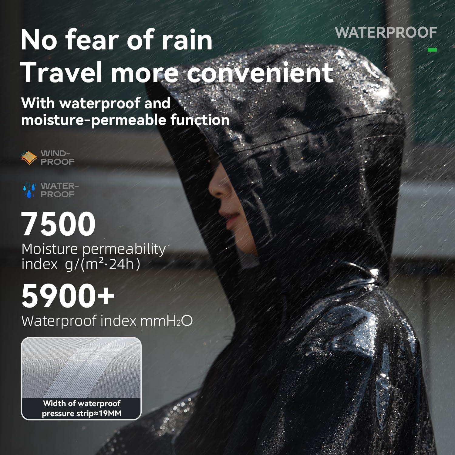 imageROCKBROS Long Raincoat Safety Poncho Jacket with Double QuickRelease Zippers Mesh Lining Windbreaker for Outdoor ActivitiesBlack