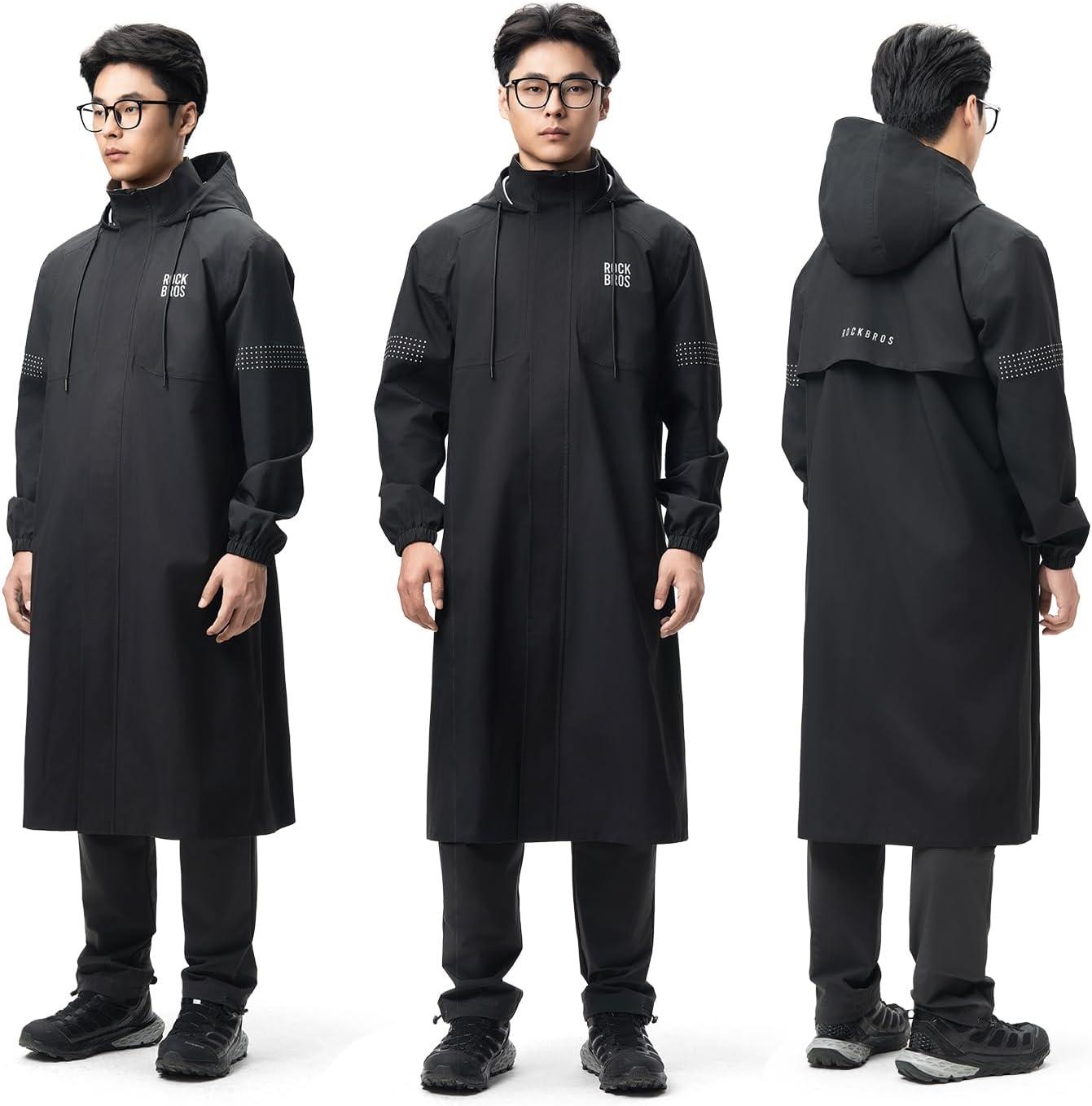 imageROCKBROS Long Raincoat Safety Poncho Jacket with Double QuickRelease Zippers Mesh Lining Windbreaker for Outdoor ActivitiesBlack