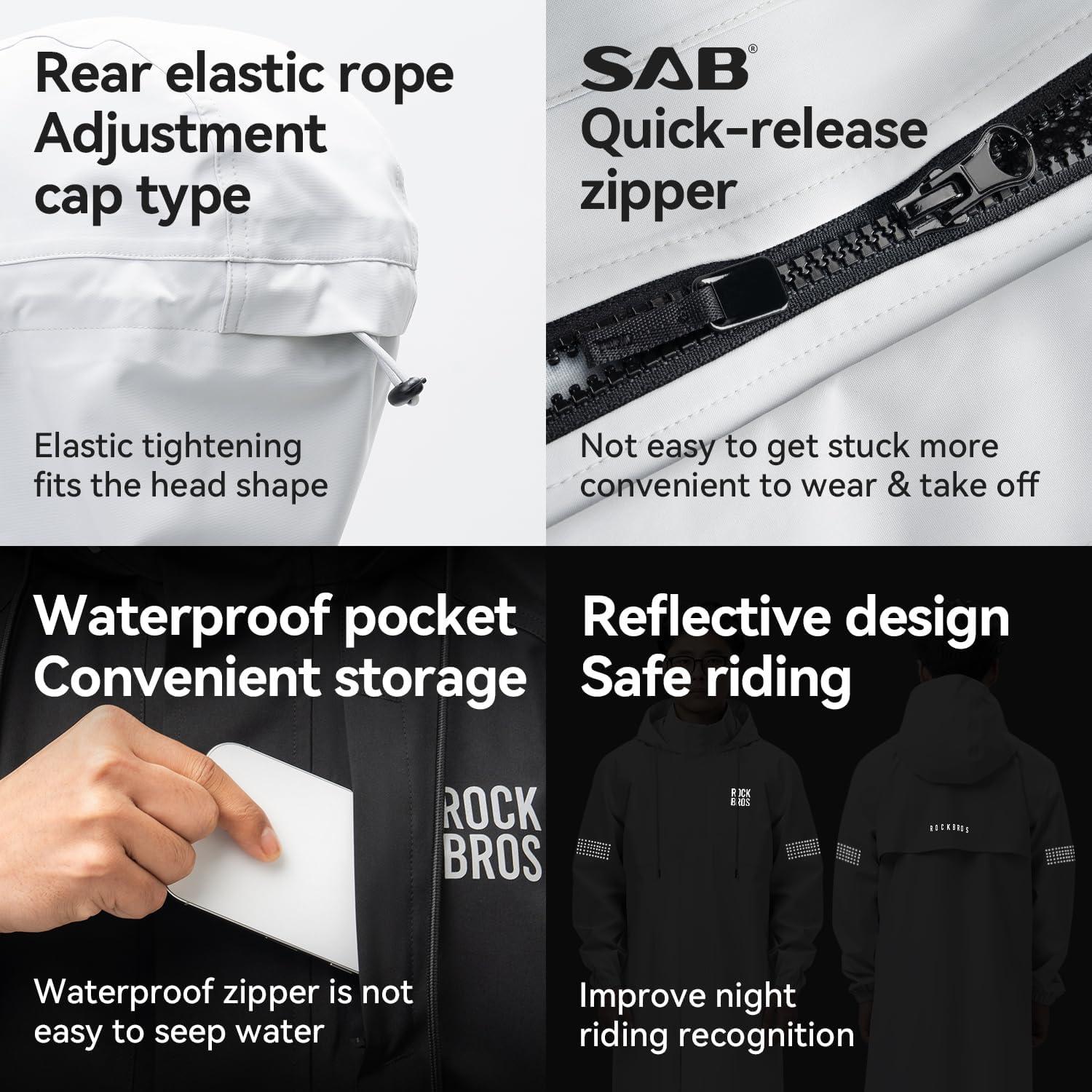 imageROCKBROS Long Raincoat Safety Poncho Jacket with Double QuickRelease Zippers Mesh Lining Windbreaker for Outdoor ActivitiesBlack