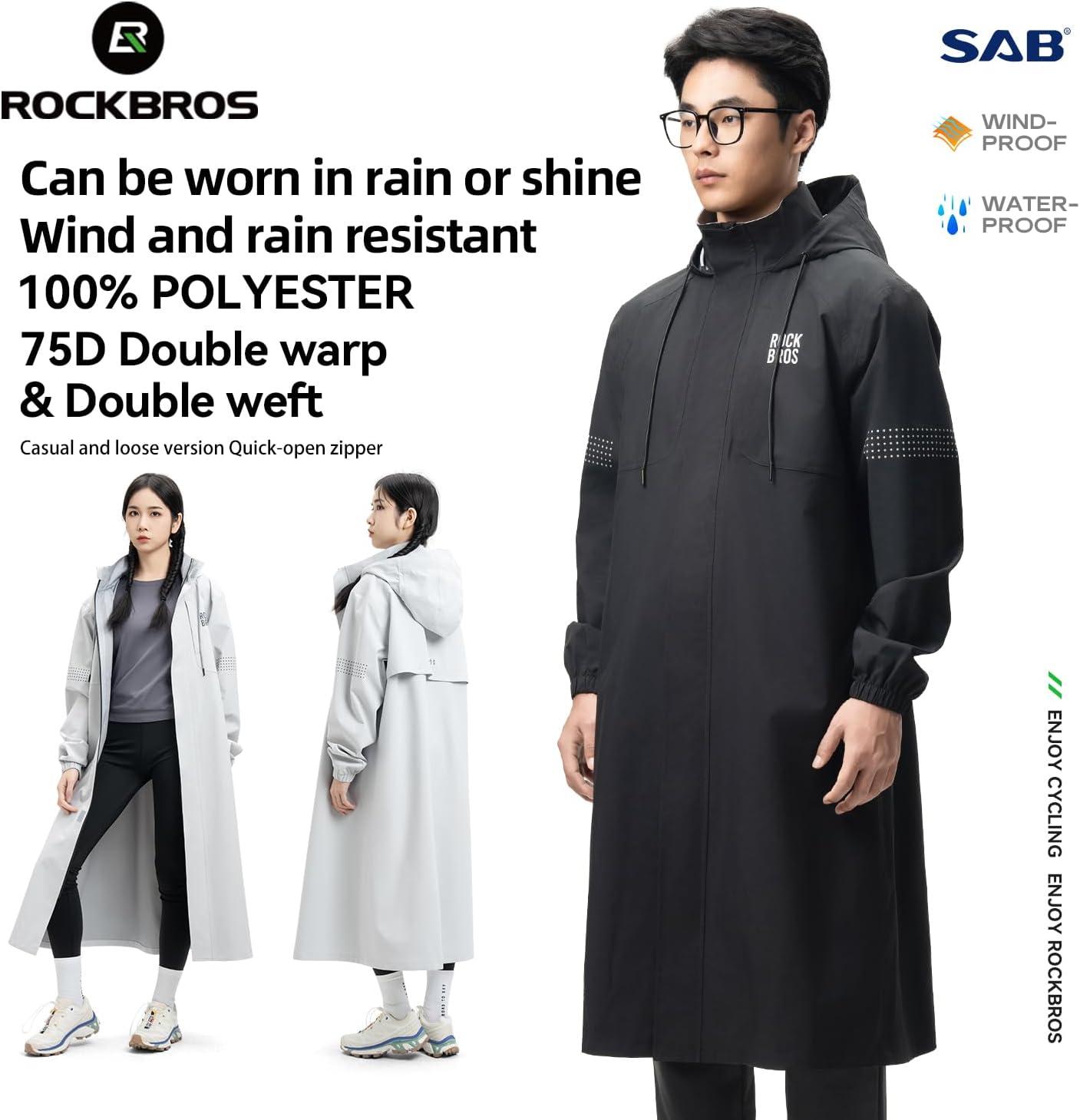 imageROCKBROS Long Raincoat Safety Poncho Jacket with Double QuickRelease Zippers Mesh Lining Windbreaker for Outdoor ActivitiesGrey