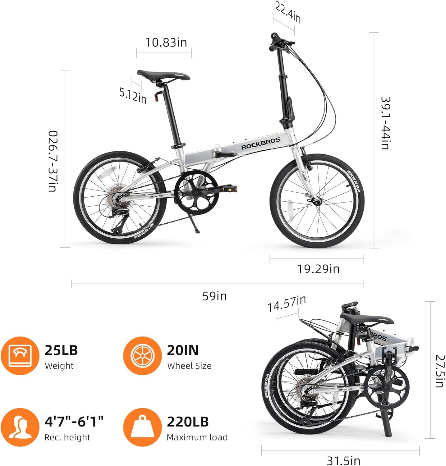 imageROCKBROS MBS 20Inch Folding Bike 25 lb Portable Lightweight Aluminum Frame Shimano 8Speed VBrakes Adjustable Foldable Commuter Bike for Adults amp Womensilver
