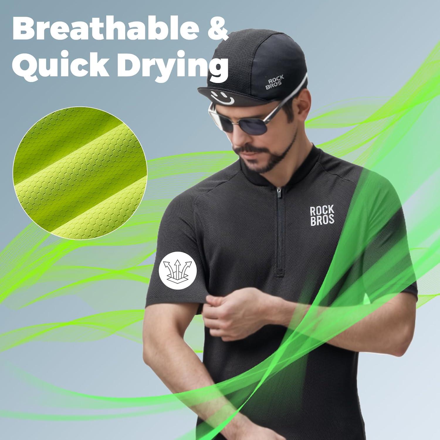 imageROCKBROS Mens Cycling Jersey Short Sleeve Road Bike Shirt with 3 Rear Pockets Breathable Quick Dry Bicycle ShirtBlack