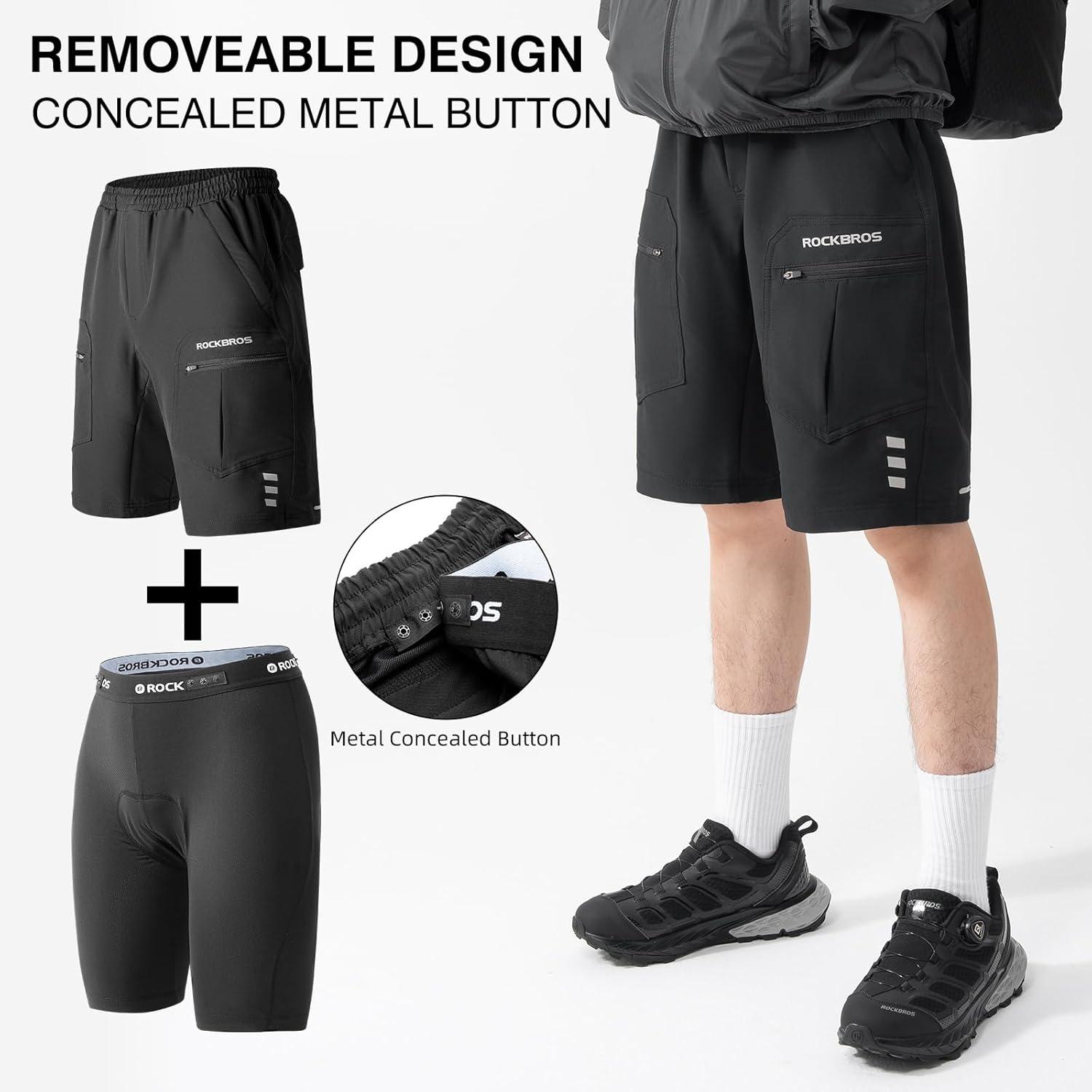 imageROCKBROS Mens MTB Shorts Detachable 4D Pad Reflective MultiPocket Loose Fit