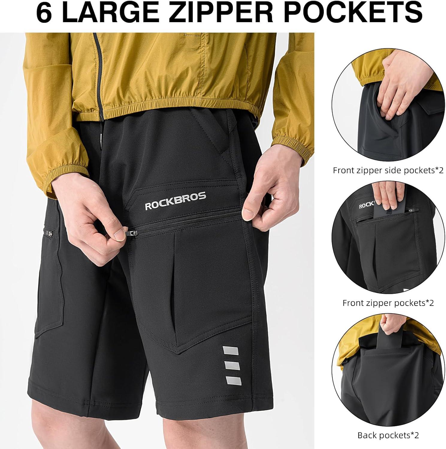 imageROCKBROS Mens MTB Shorts Detachable 4D Pad Reflective MultiPocket Loose Fit