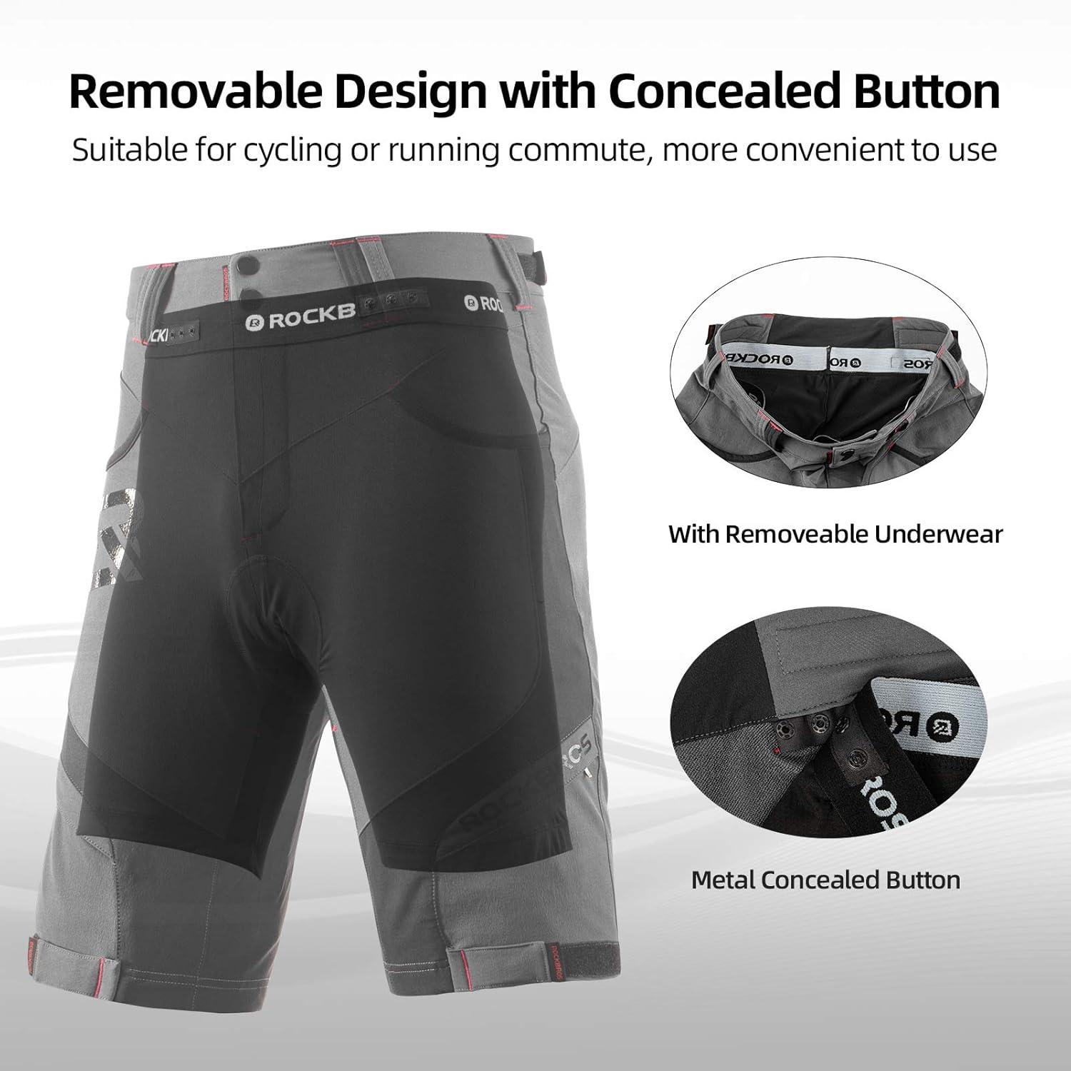 imageROCKBROS Mens Mountain Bike Shorts with Detachable 4D Padded Liner HookampLoop Waist amp Zipper Pocket Lightweight BaggyBlack
