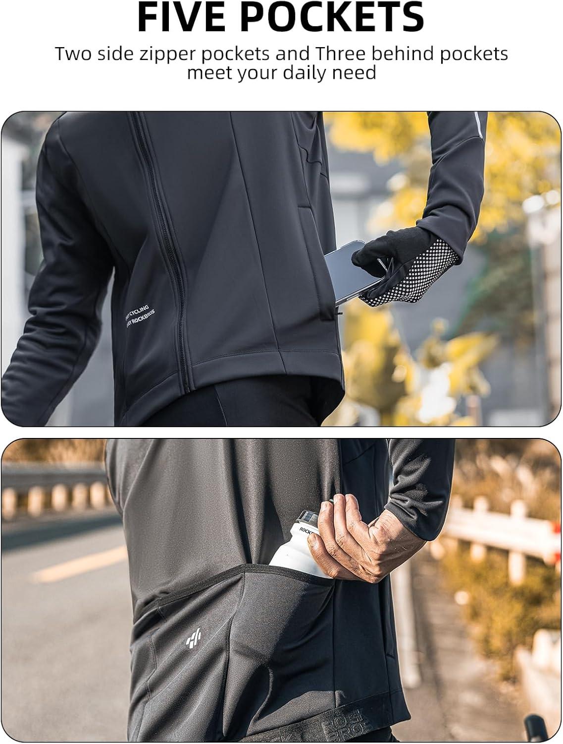 imageROCKBROS Mens Windproof Cycling Jacket with Doublelayer Fleece Lining 3 Back amp 2 Side Pockets Ideal for Running Motorcycle