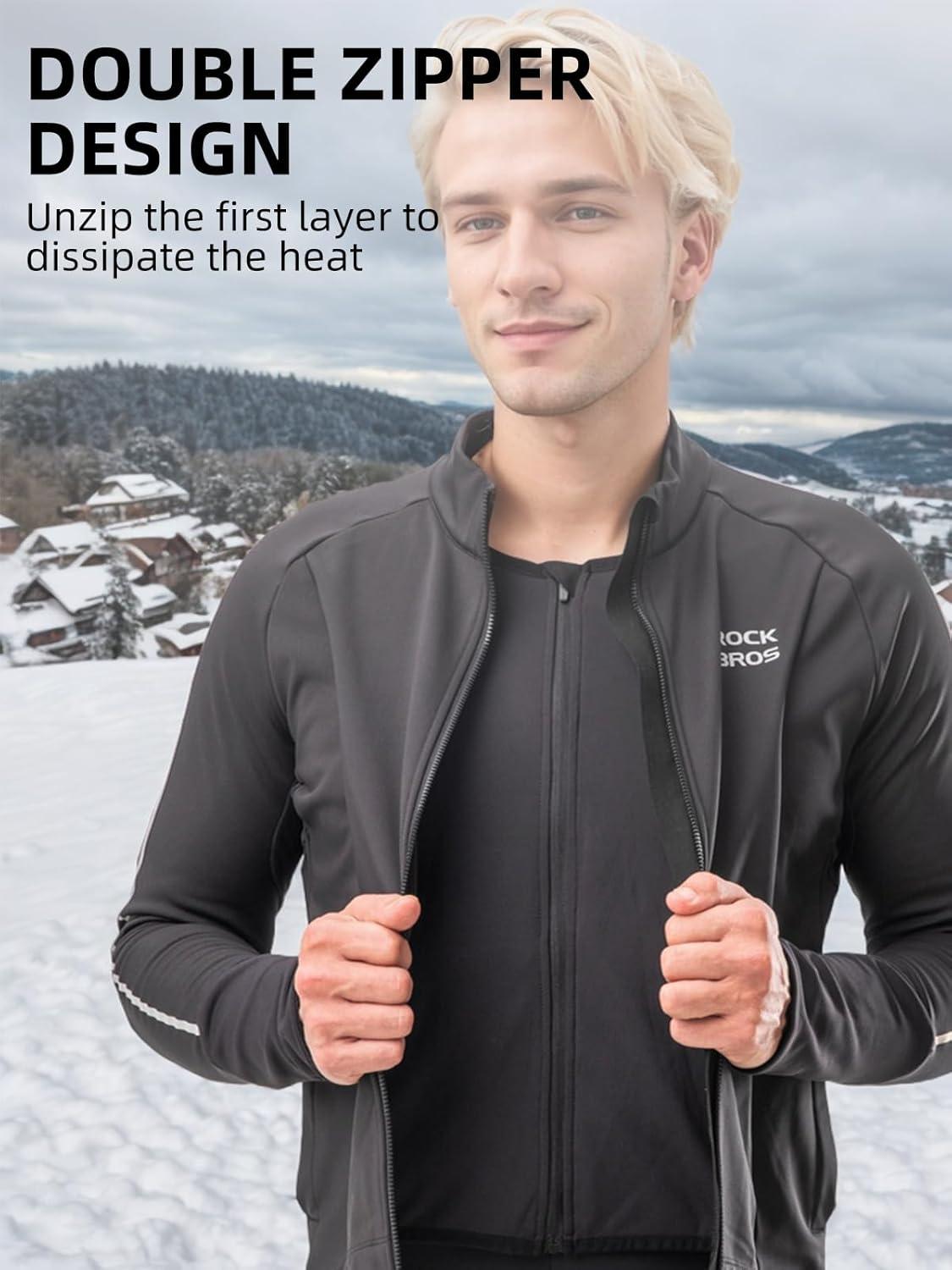 imageROCKBROS Mens Windproof Cycling Jacket with Doublelayer Fleece Lining 3 Back amp 2 Side Pockets Ideal for Running Motorcycle