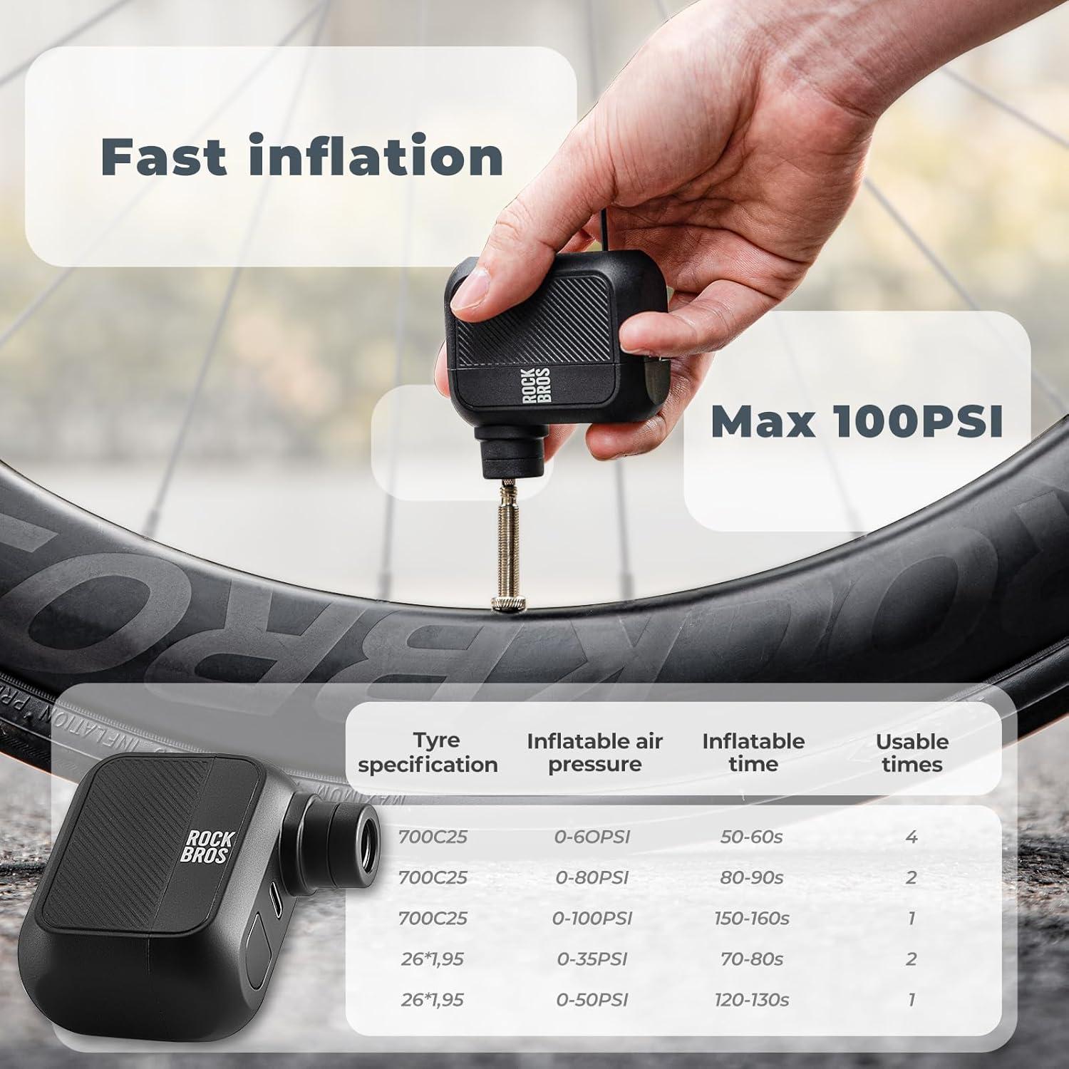 imageROCKBROS Mini Bike Pump Portable Bike Tire Pump 100PSI Electric Bike Pump Mini Air Pump Tire Inflator Rechargeable with Presta Schrader Valve