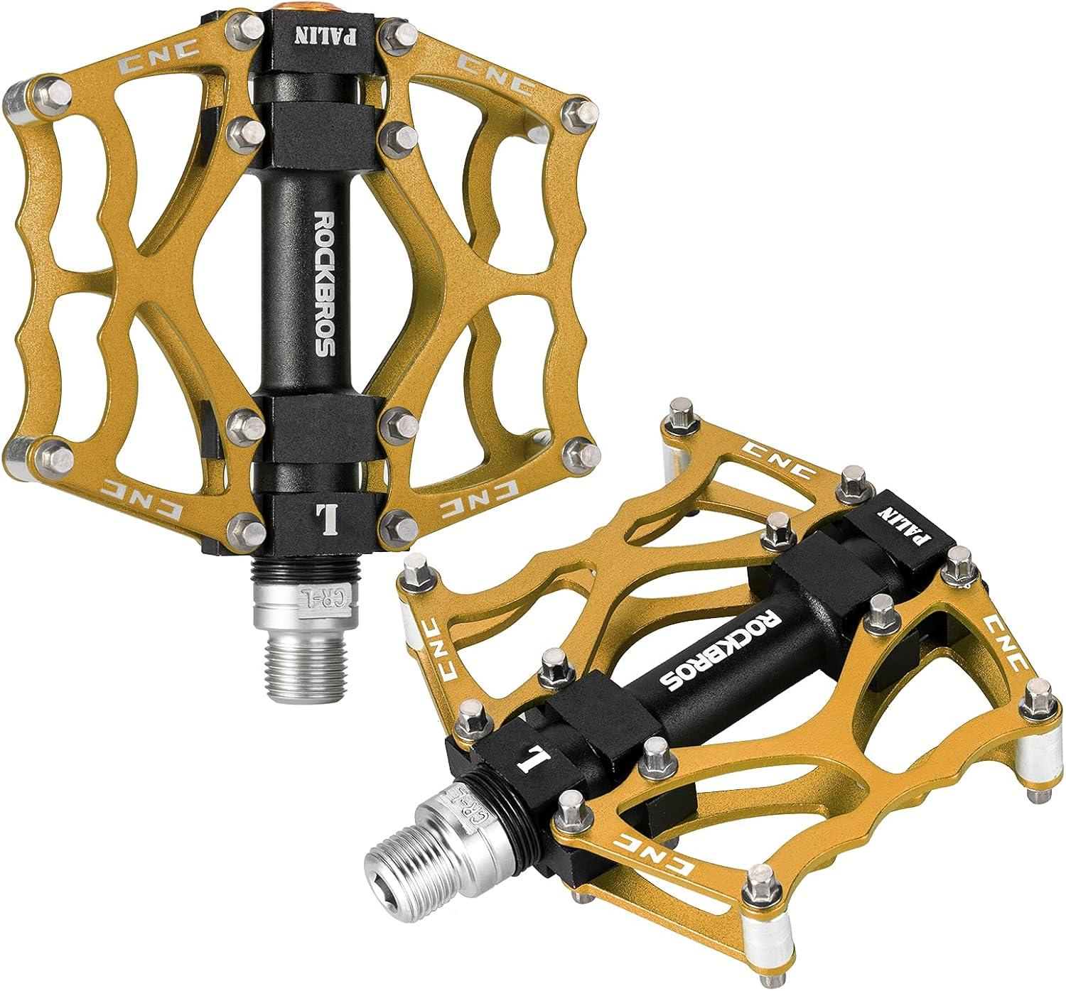 imageROCKBROS Mountain Bike Pedals MTB Pedals CNC NonSlip Lightweight Aluminum Alloy Bicycle Pedals Sealed Bearings Bicycle Platform Pedals 916 BMX Road Bike PedalGold