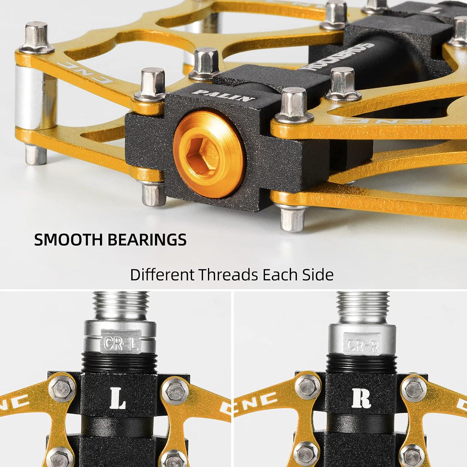 imageROCKBROS Mountain Bike Pedals MTB Pedals CNC NonSlip Lightweight Aluminum Alloy Bicycle Pedals Sealed Bearings Bicycle Platform Pedals 916 BMX Road Bike PedalGold