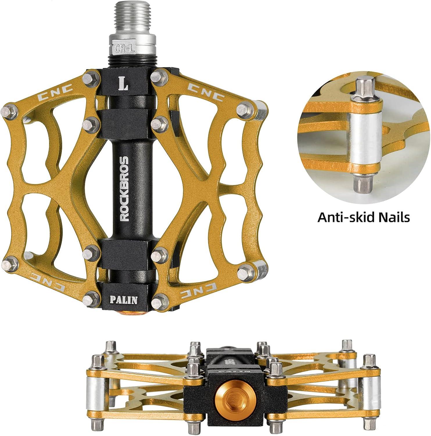 imageROCKBROS Mountain Bike Pedals MTB Pedals CNC NonSlip Lightweight Aluminum Alloy Bicycle Pedals Sealed Bearings Bicycle Platform Pedals 916 BMX Road Bike PedalGold